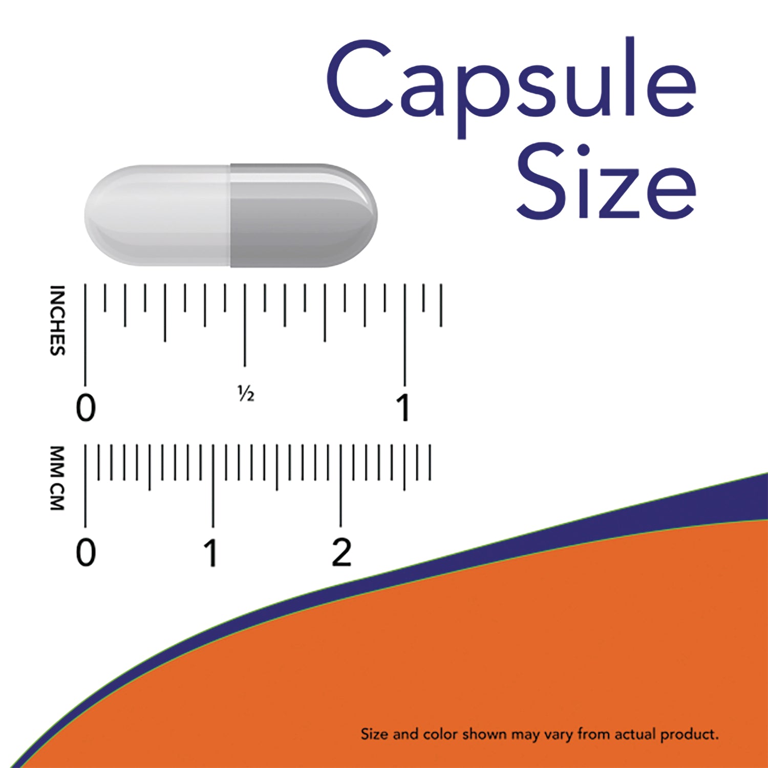NWF1377 | gray capsule shown next to inch and cm rulers labeled Capsule Size