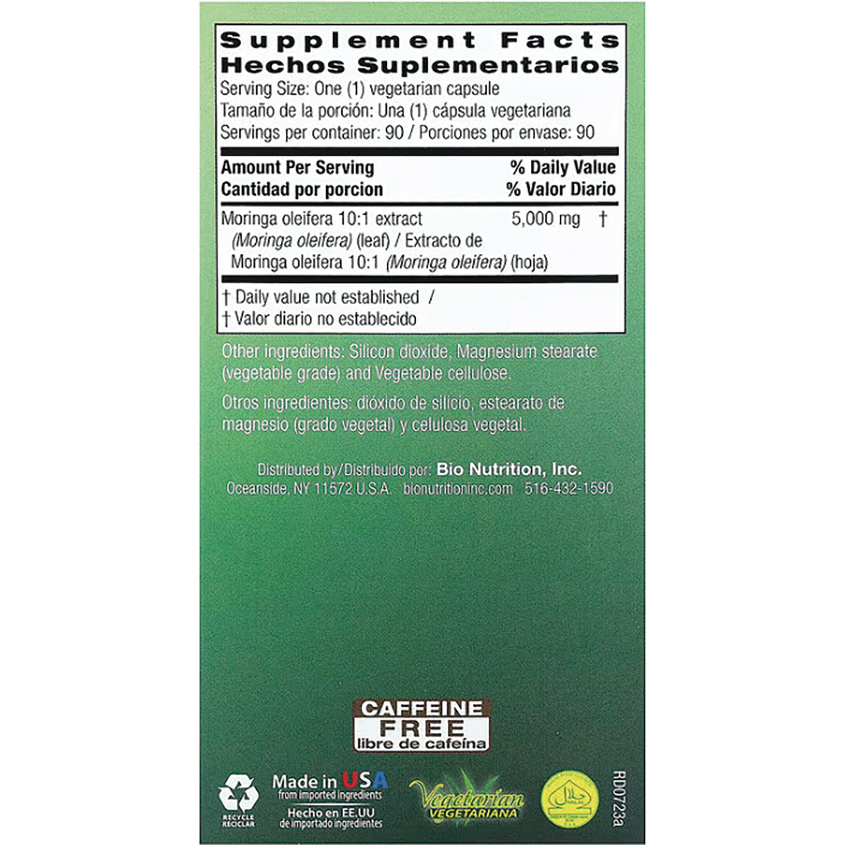 BNN052 | Supplement facts panel in English and Spanish listing Moringa oleifera 10:1 extract 5,000 mg, other ingredients, distributor and Caffeine Free label
