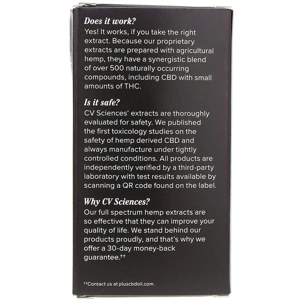 Back of black product box with text about CV Sciences extracts, safety, QR code for test results, and 30-day money-back guarantee - Thumbnail