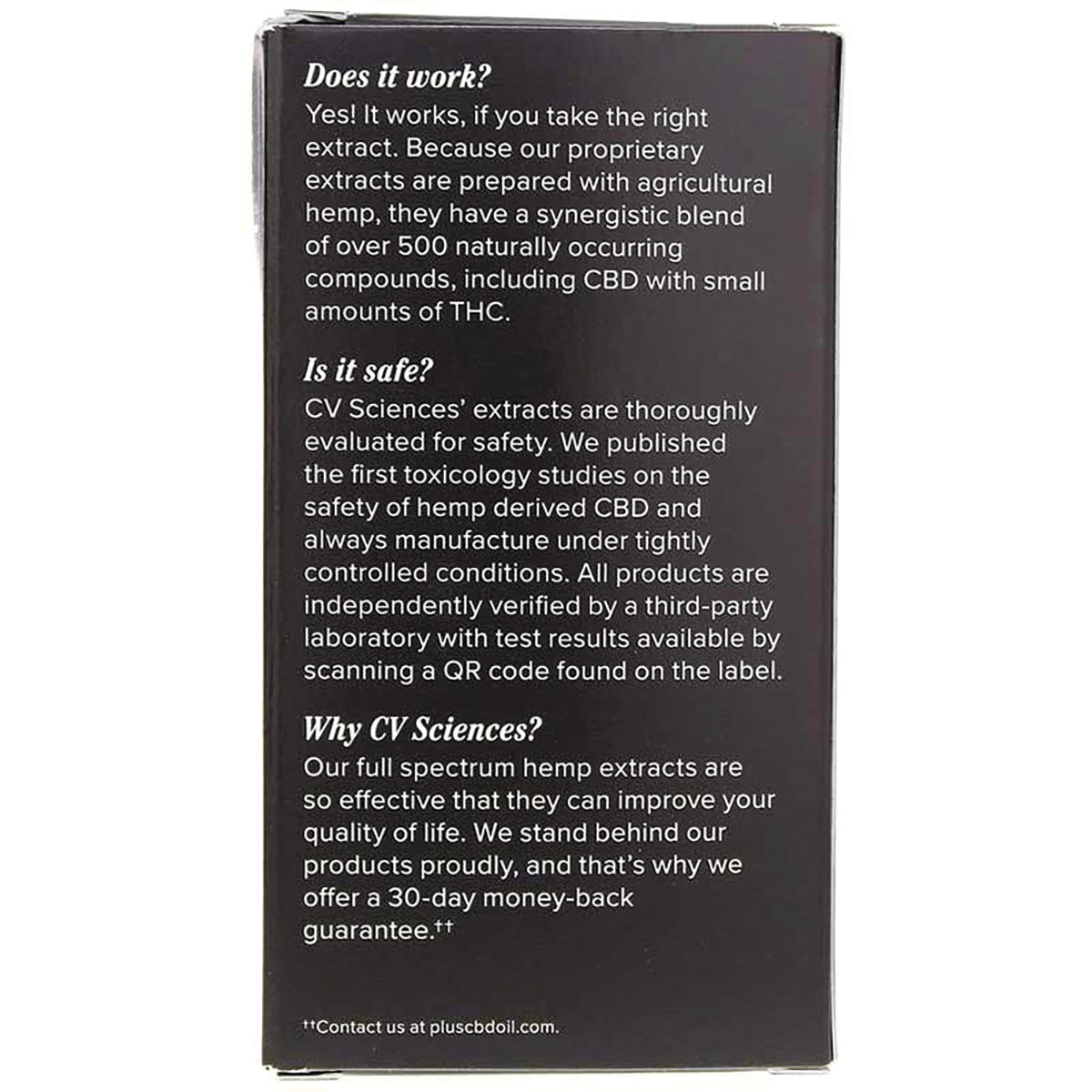 Back of black product box with text about CV Sciences extracts, safety, QR code for test results, and 30-day money-back guarantee