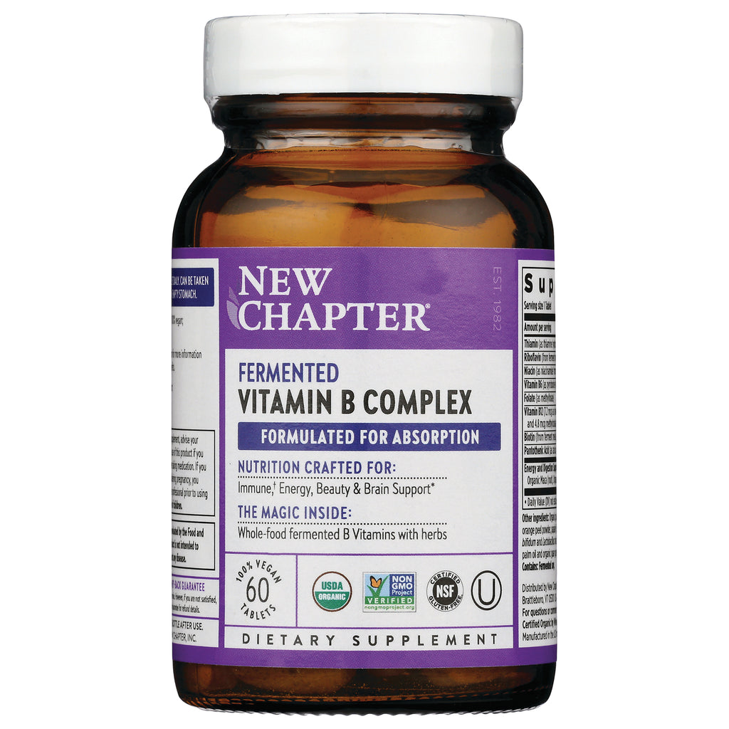 NWC344 | Amber glass bottle labeled NEW CHAPTER Fermented Vitamin B Complex dietary supplement, 60 tablets - Thumbnail