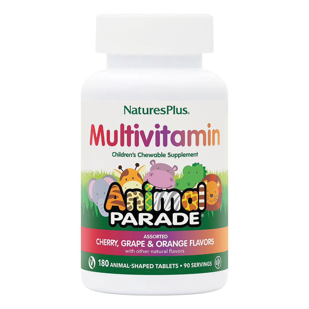NTP004 | NaturesPlus Multivitamin Animal Parade children's chewable supplement bottle front label, assorted cherry grape & orange flavors, 180 tablets - Thumbnail