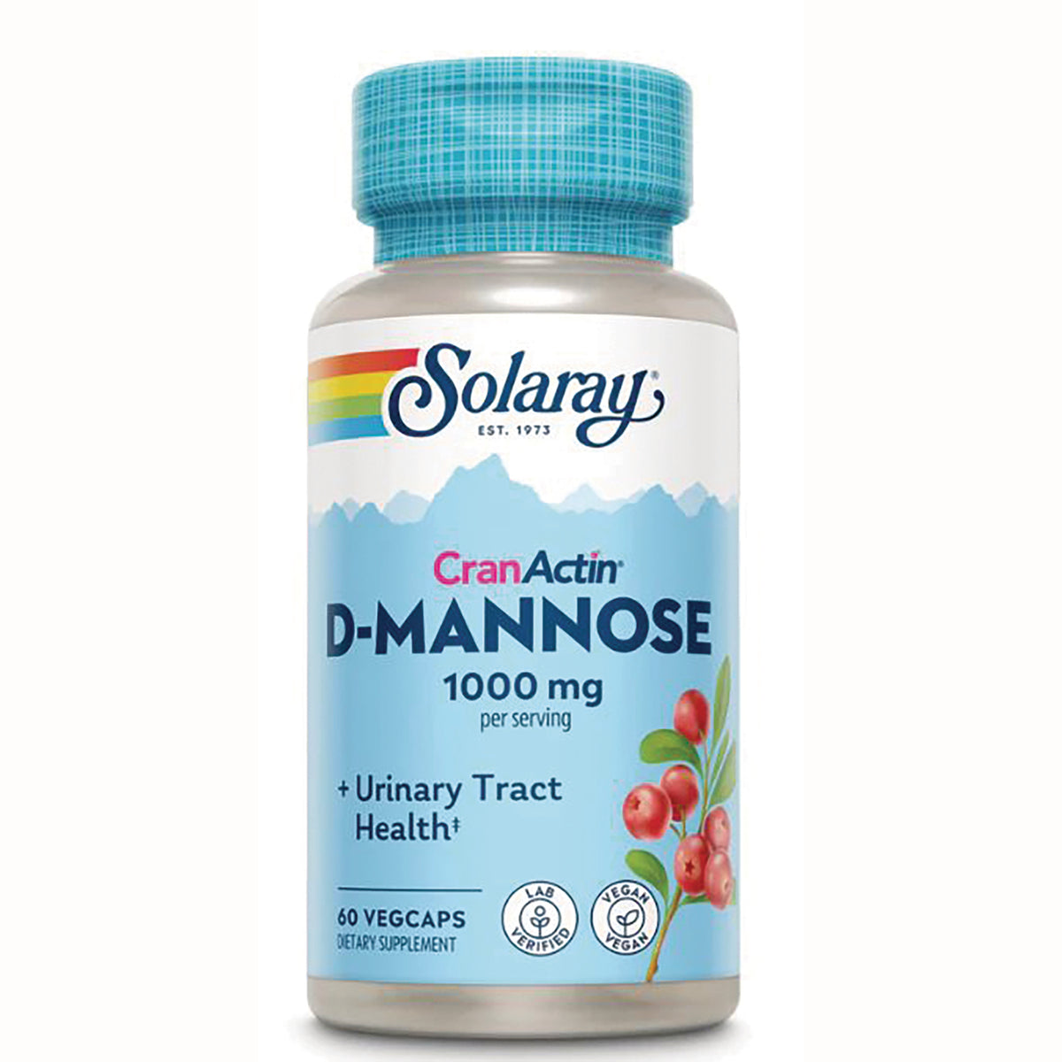 SLR214 | Solaray D-Mannose 1000 mg supplement bottle labeled CranActin and Urinary Tract Health, 60 vegcaps