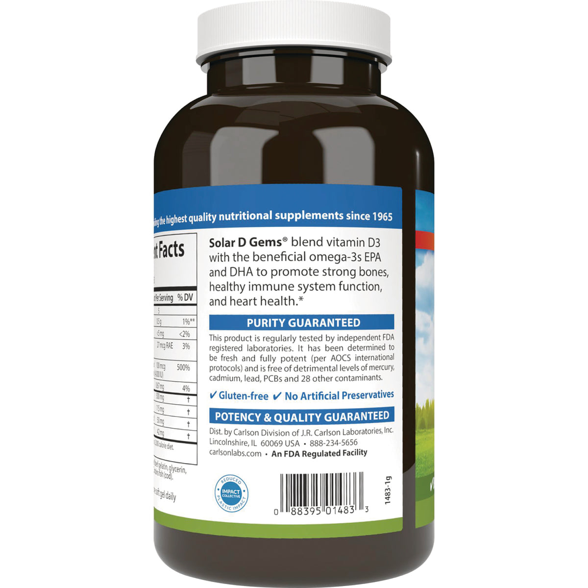 CSN181 | back label of supplement bottle showing Solar D Gems description, purity guaranteed panel, barcode and nutrition facts