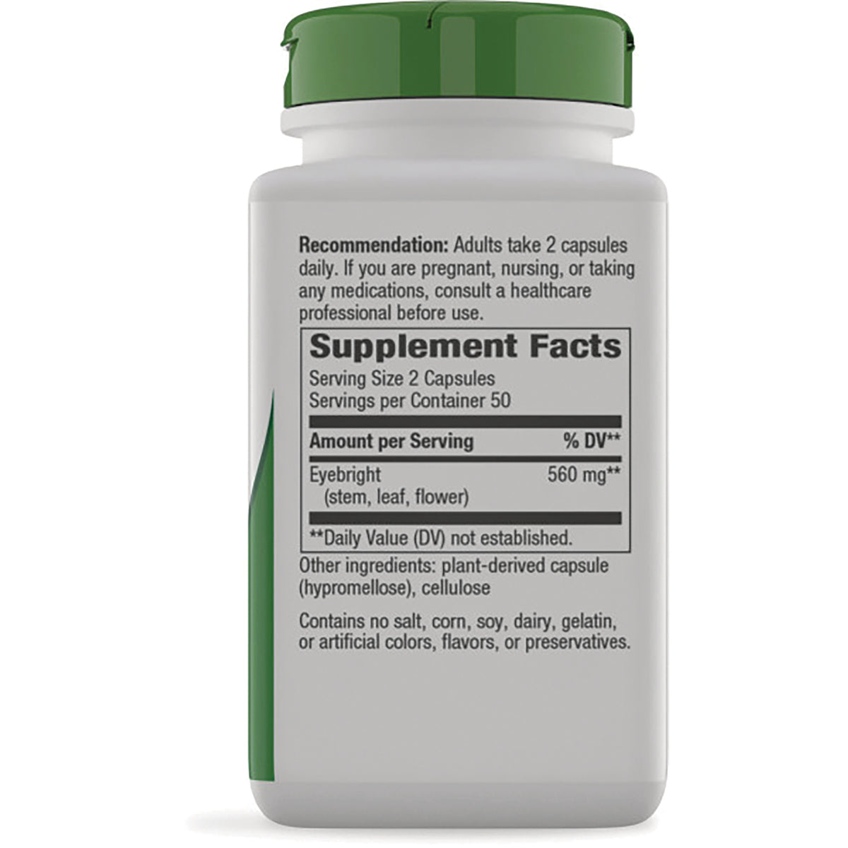NW133 | back label showing Supplement Facts panel, serving size 2 capsules, Eyebright 560 mg, and other ingredients