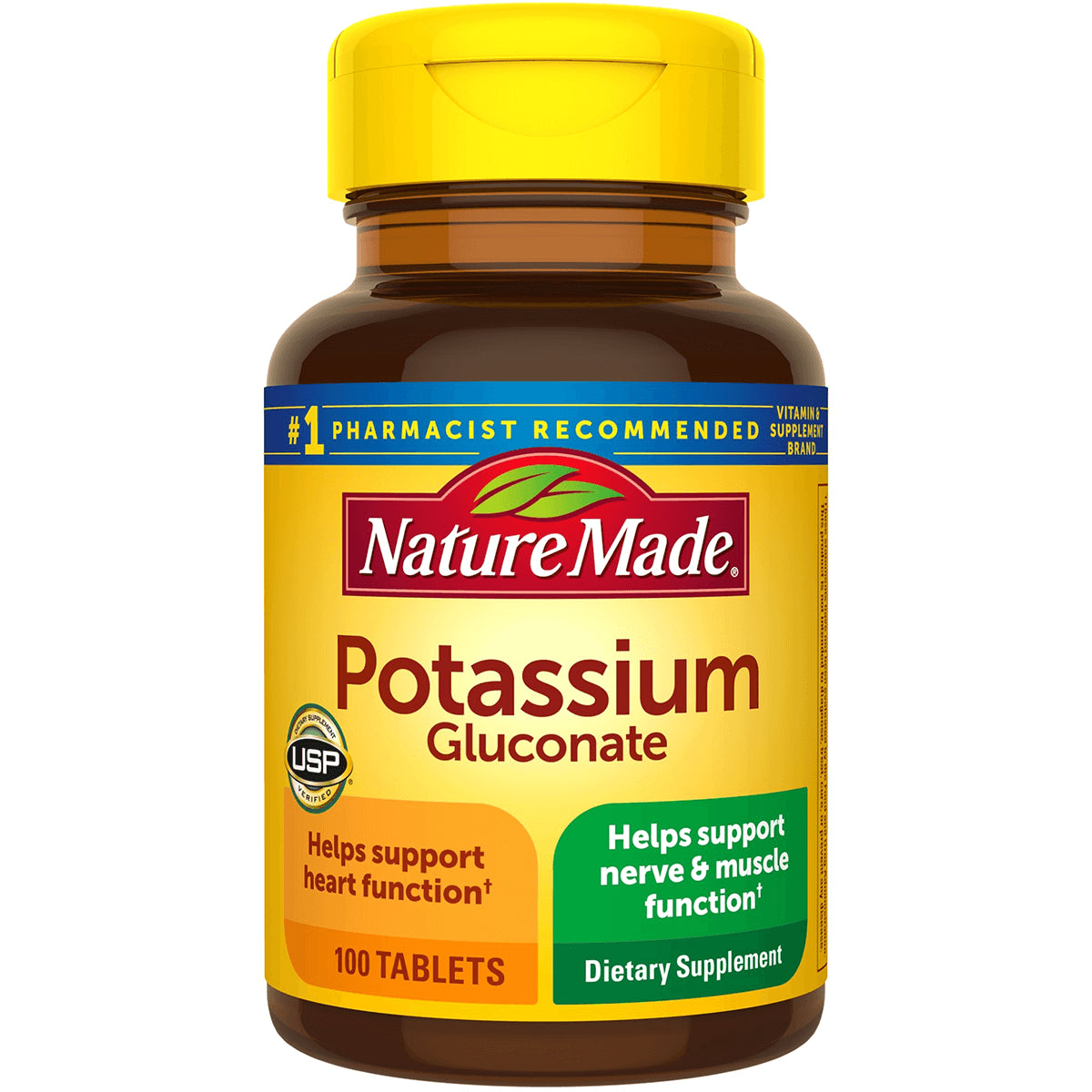 NTM022 | Nature Made Potassium Gluconate supplement bottle front label, 100 tablets, USP verified