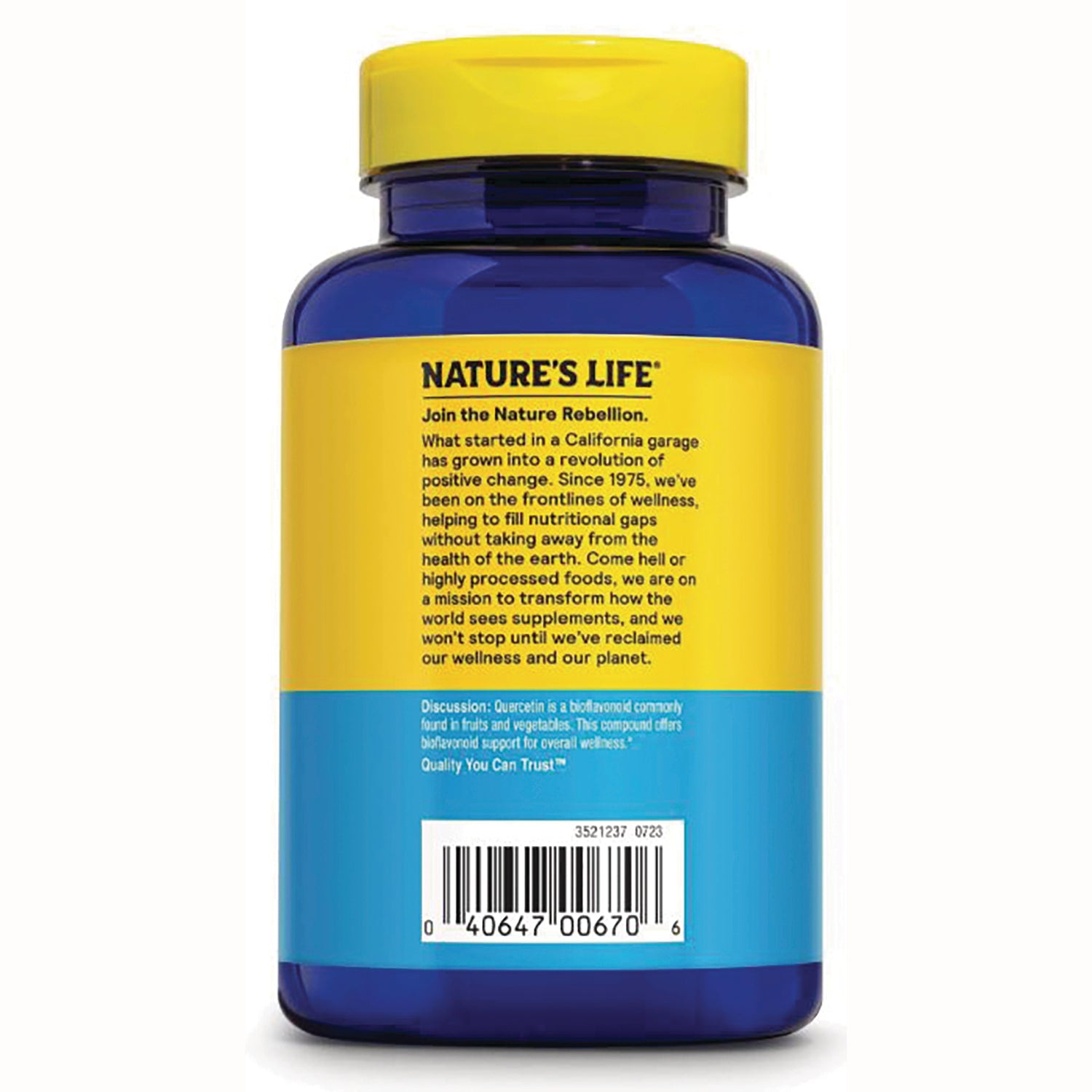 NSL062 | back of blue supplement bottle with yellow label reading NATURE'S LIFE, small ingredient text and barcode