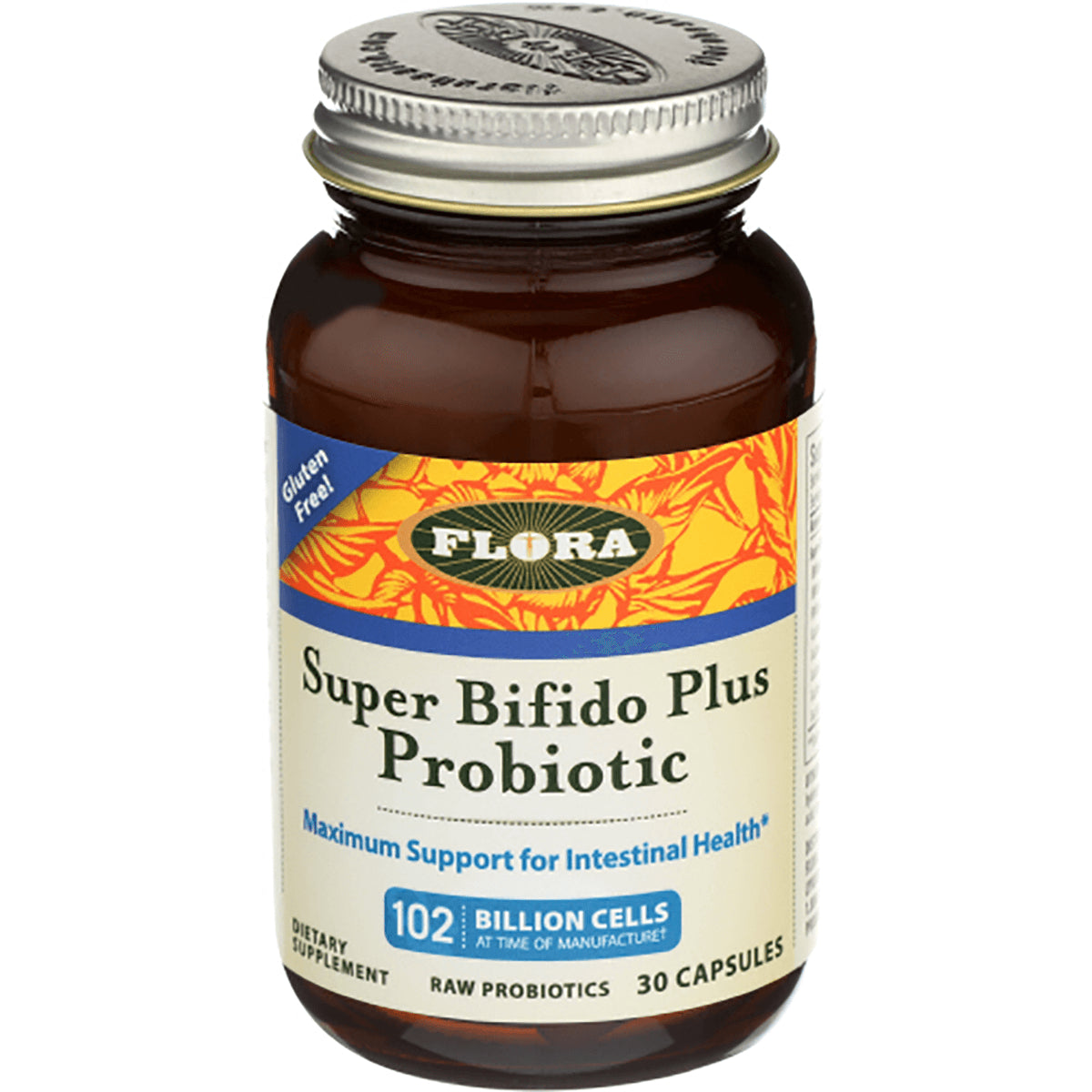 FL096 | Glass bottle of FLORA Super Bifido Plus Probiotic, 30 capsules labeled 102 billion cells and gluten free