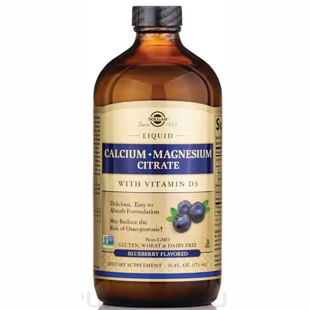 SLG317 | Solgar liquid Calcium Magnesium Citrate with Vitamin D3 blueberry flavored dietary supplement bottle, front label - Thumbnail