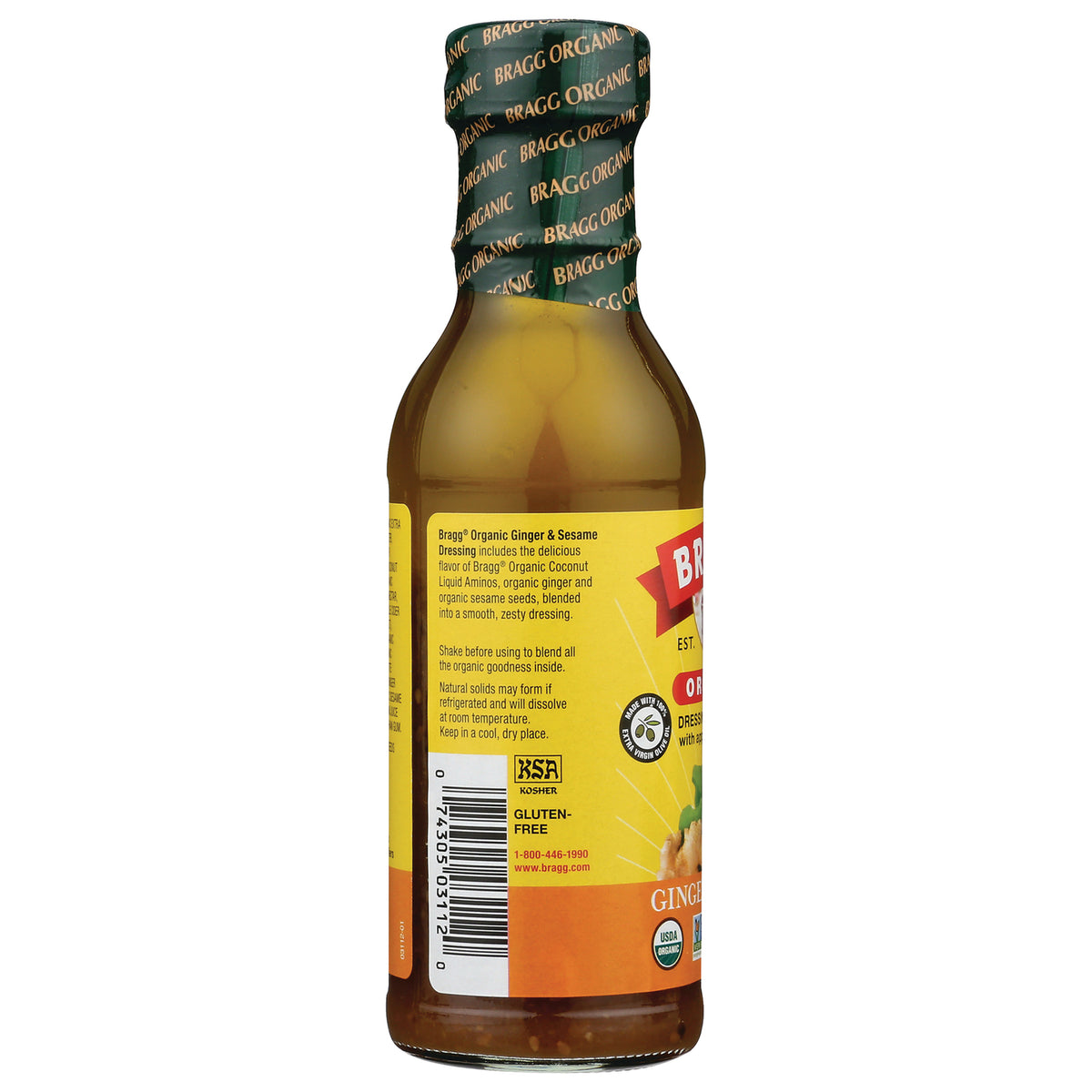 BR015 | Back label of Bragg Organic ginger and sesame dressing showing ingredients, barcode, kosher and gluten-free icons