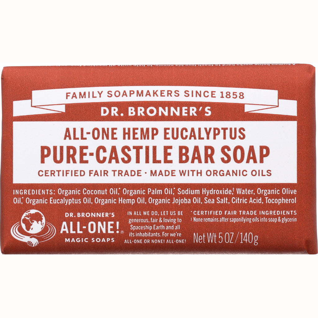 DRB002 | Dr. Bronner's All-One Hemp Eucalyptus Pure-Castile bar soap front packaging, Net Wt 5 OZ - Thumbnail