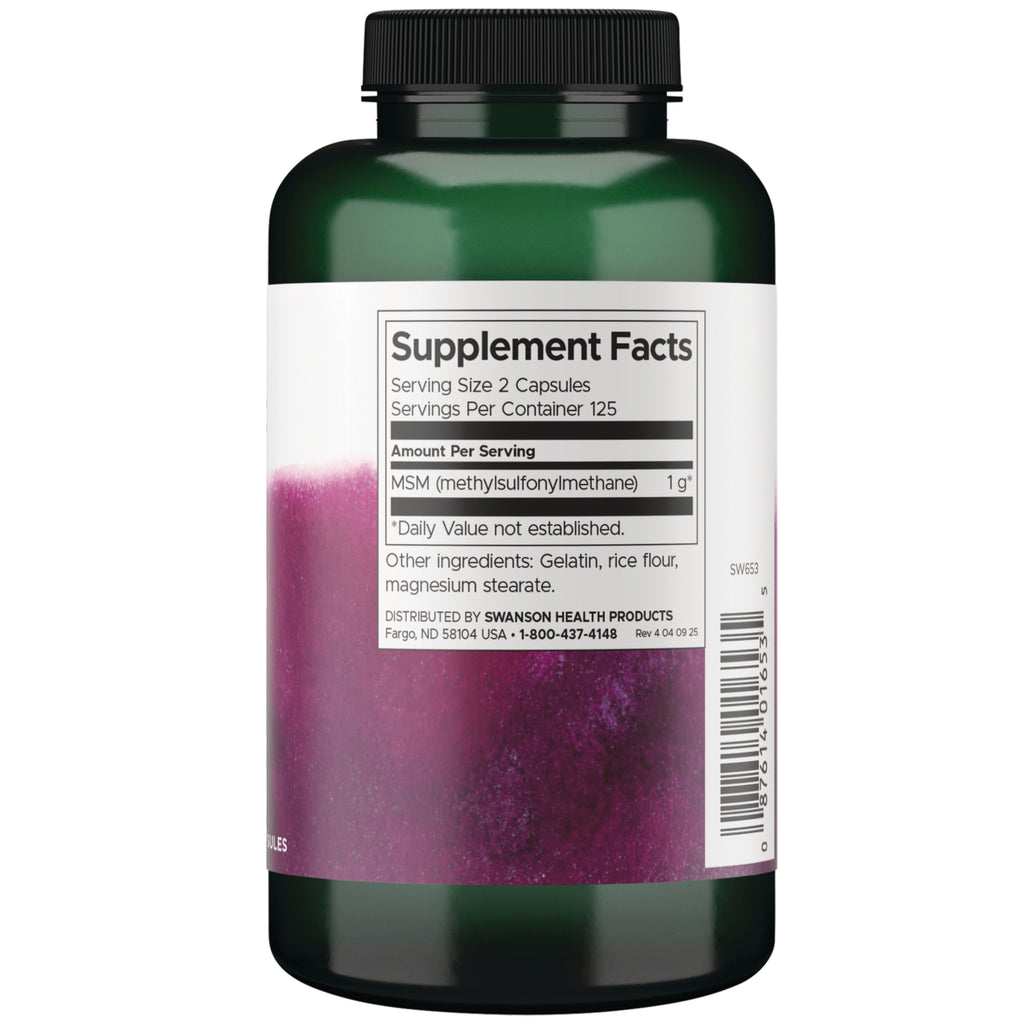 SW653 | Back label with Supplement Facts: serving size 2 capsules; 125 servings; MSM 1 g; barcode visible - Thumbnail