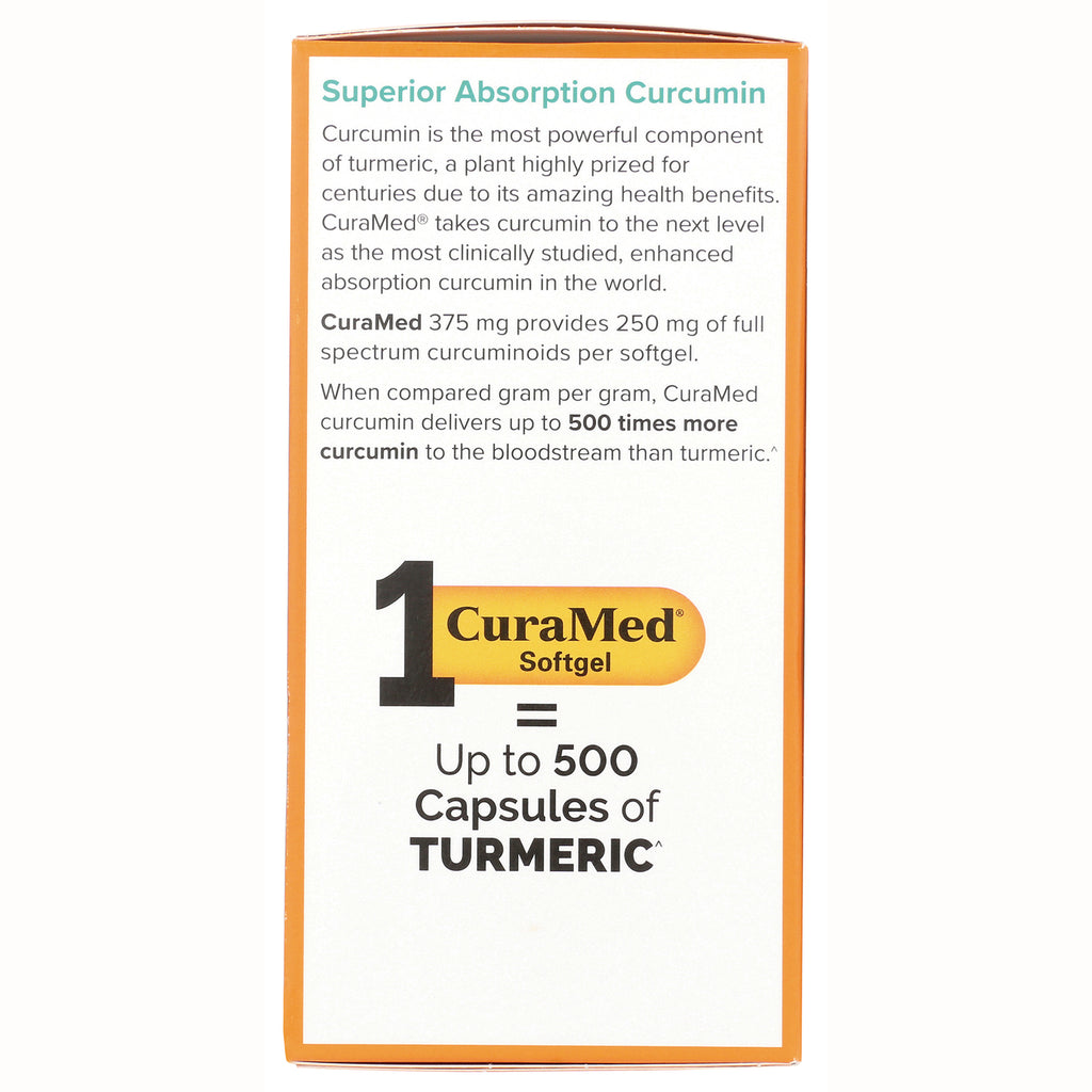 EUR055 | Side panel infographic showing Superior Absorption Curcumin and statement 1 CuraMed softgel equals up to 500 capsules of turmeric - Thumbnail