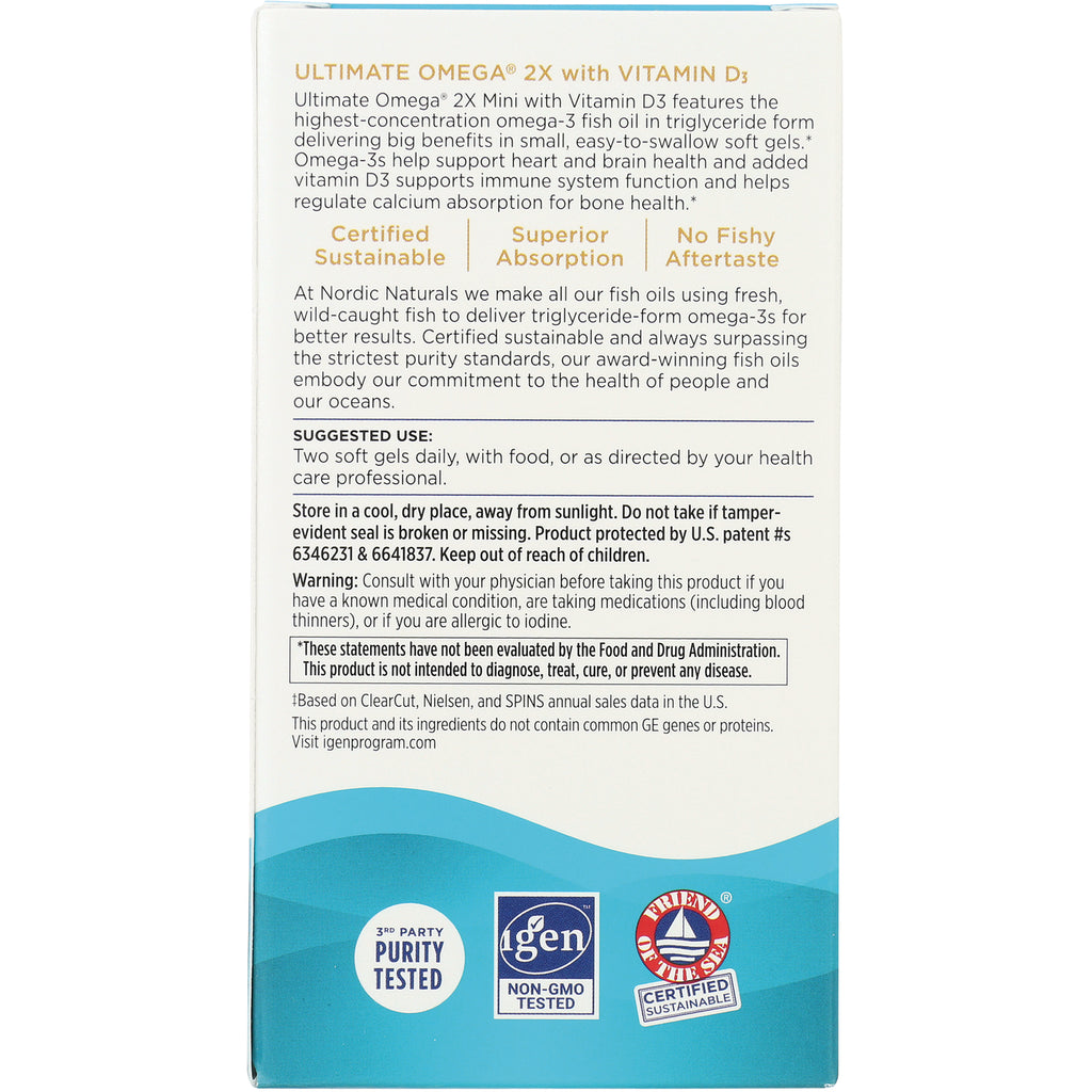 NRN086 | Back panel of Nordic Naturals Ultimate Omega 2X supplement box showing suggested use, warnings, and certification logos - Thumbnail