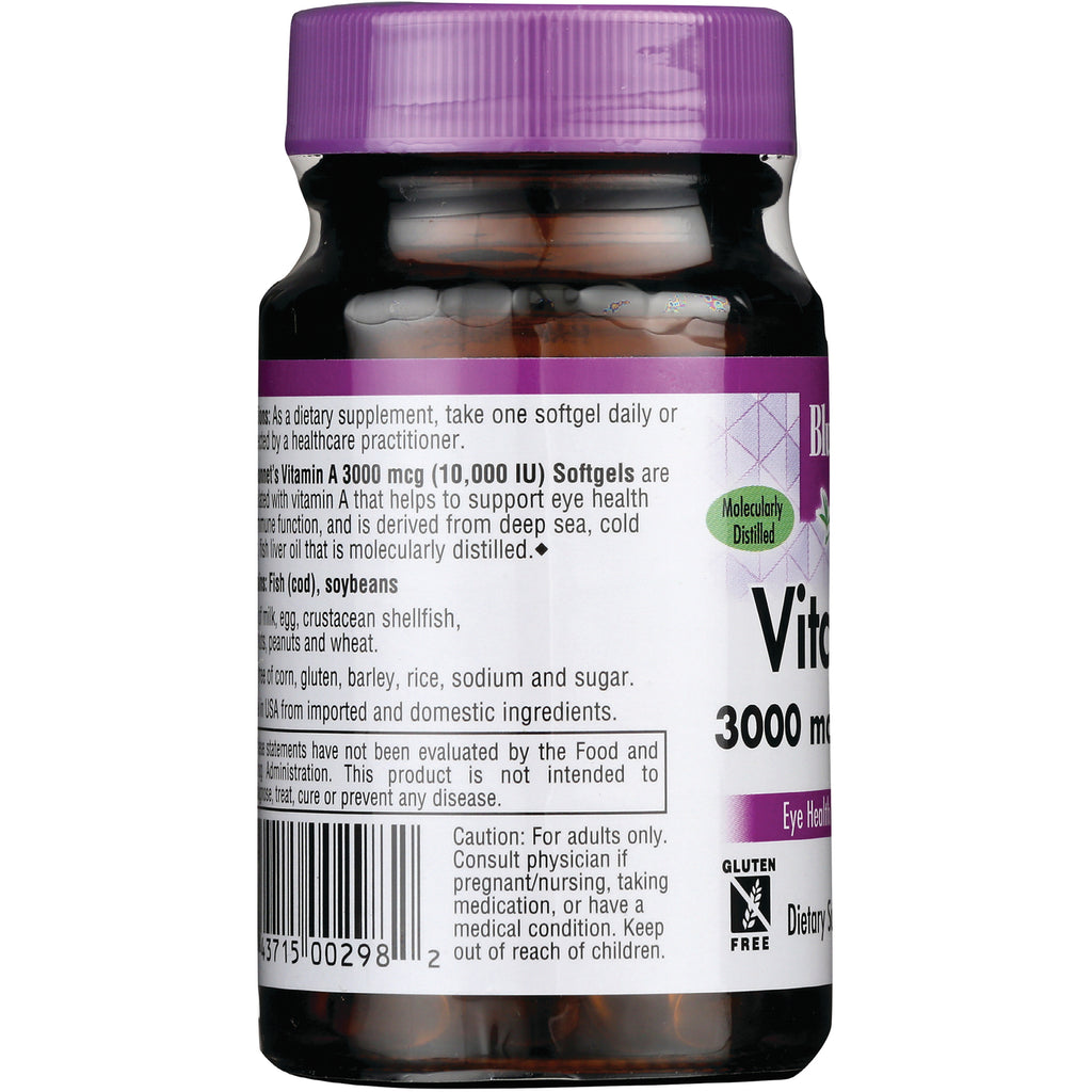 BLU121 | Back label of vitamin A supplement bottle showing ingredients, warnings, nutrition text and barcode - Thumbnail