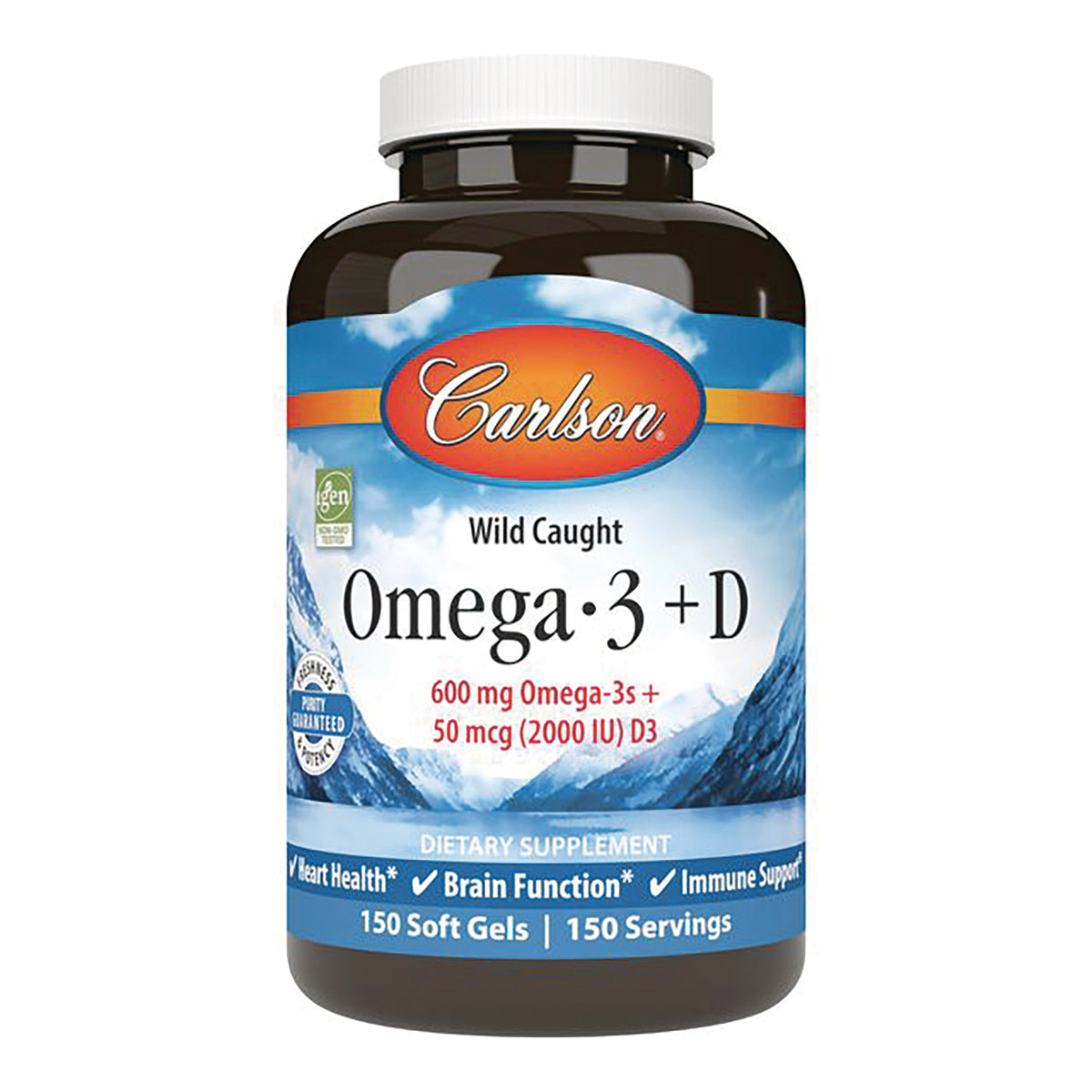 CSN332 | Carlson Omega-3 + D dietary supplement bottle, front label shows 150 soft gels and 600 mg Omega-3s + 50 mcg (2000 IU) D3