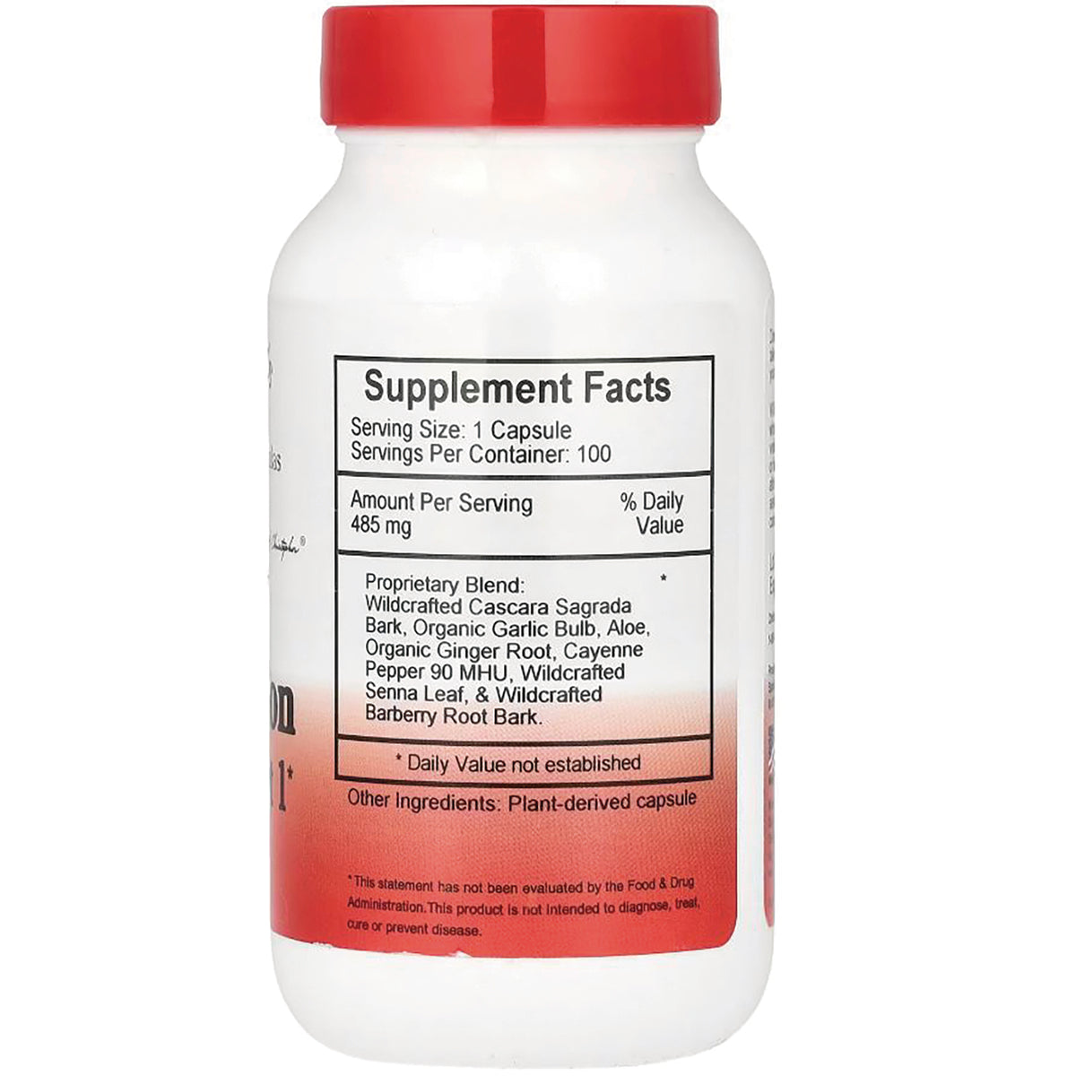 DCR008 | Back of white supplement bottle showing Supplement Facts panel with Serving Size 1 Capsule and proprietary blend ingredients