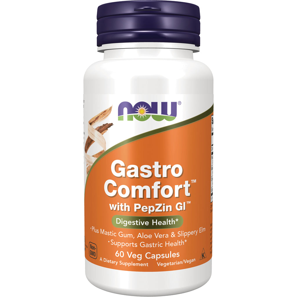 NWF1433 | NOW Gastro Comfort with PepZin GI supplement bottle, orange label, 60 veg capsules - Thumbnail