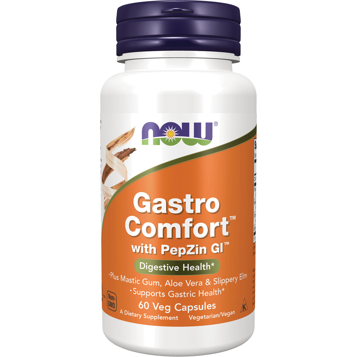 NWF1433 | NOW Gastro Comfort with PepZin GI supplement bottle, orange label, 60 veg capsules
