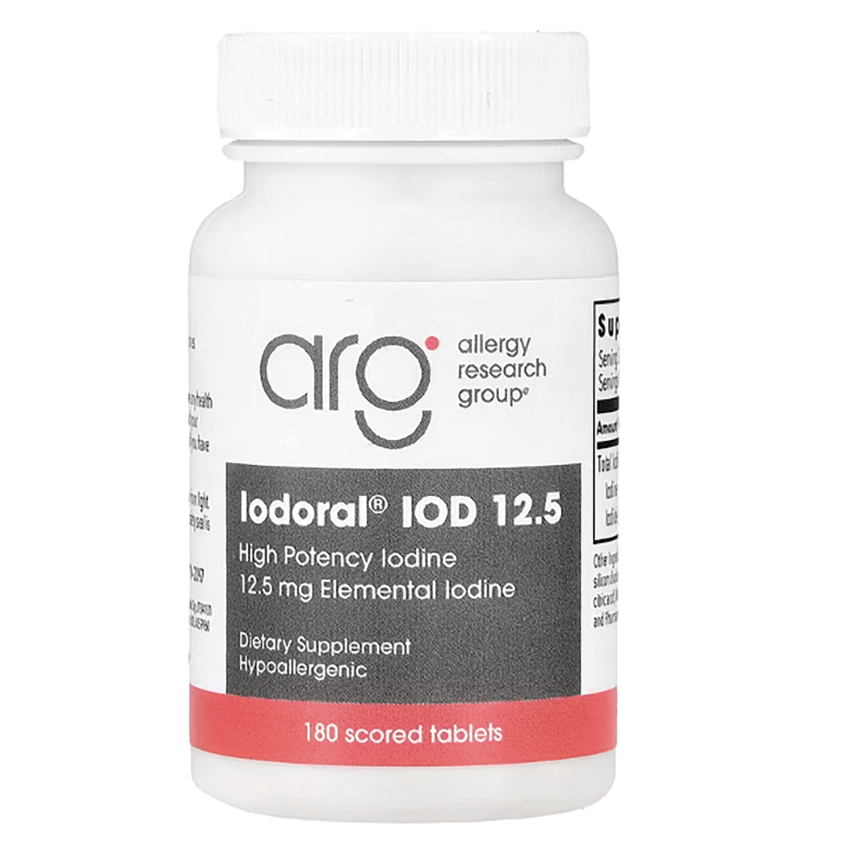 OPC002 | white supplement bottle labeled Iodoral IOD 12.5, high potency iodine 12.5 mg elemental iodine, 180 scored tablets