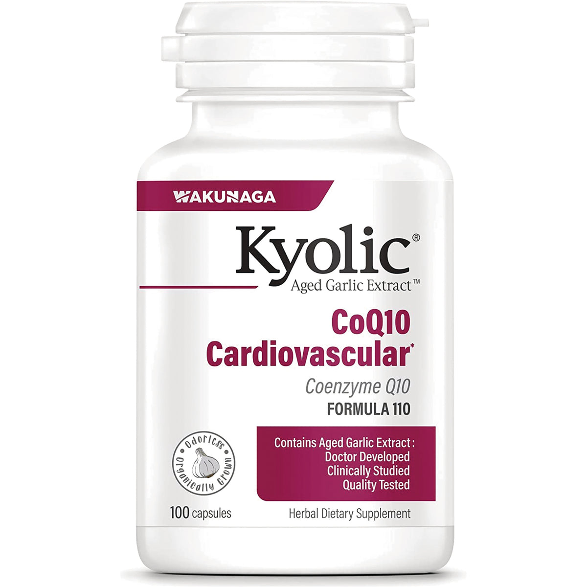 KY090 | Kyolic CoQ10 Cardiovascular aged garlic extract white supplement bottle, 100 capsules