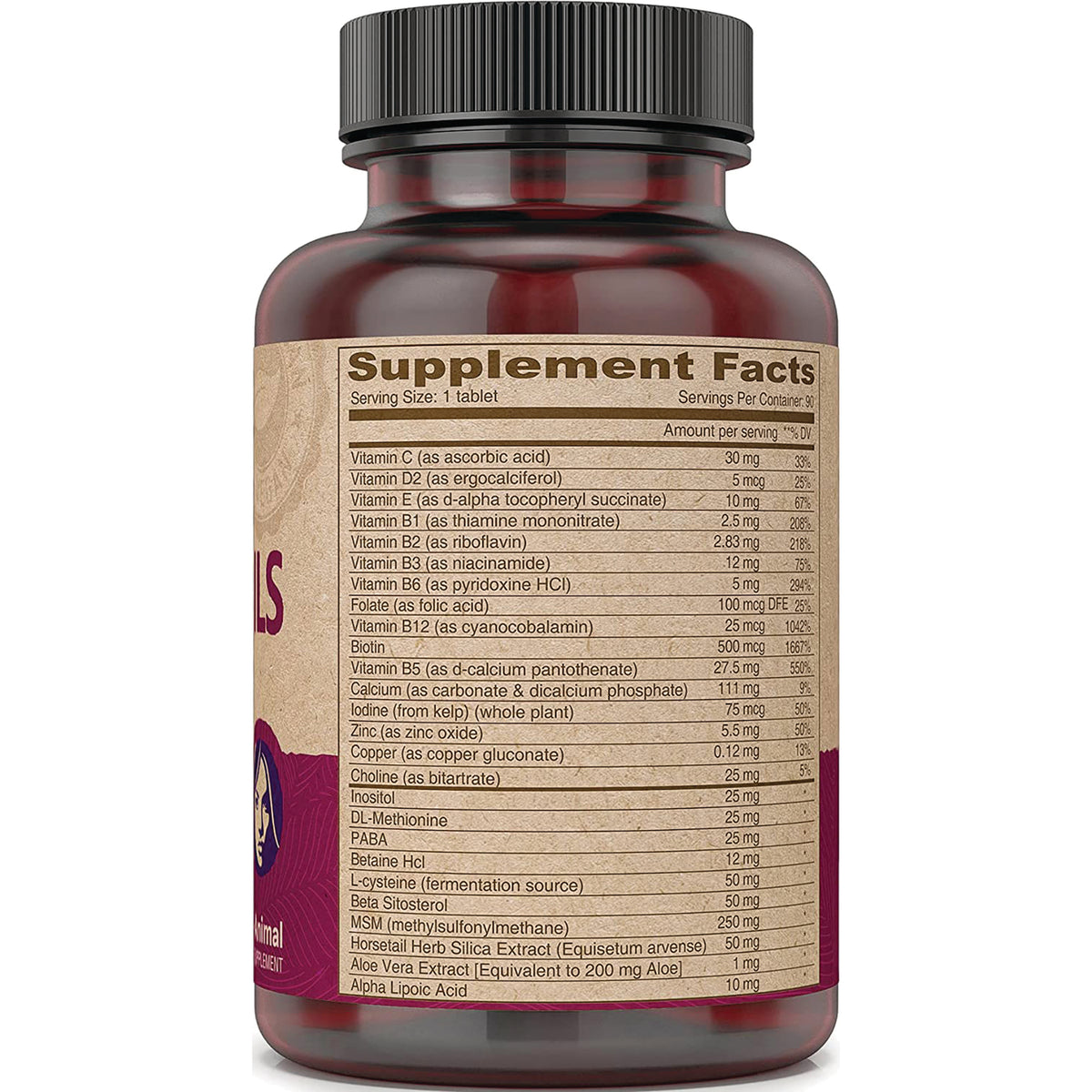 DEV022 | Back of brown supplement bottle showing Supplement Facts label with vitamin and ingredient amounts