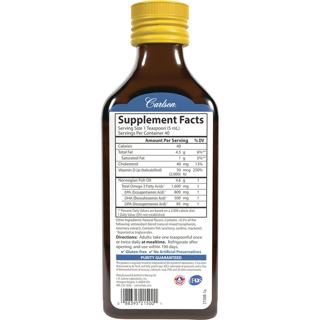 CSN322 | Back label of Carlson Norwegian fish oil bottle showing Supplement Facts table, ingredients, and directions - Thumbnail
