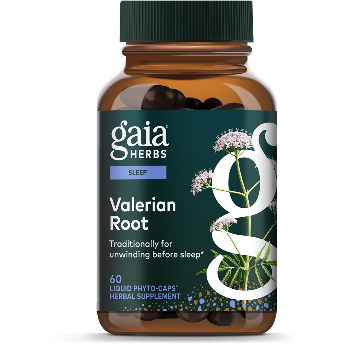 Gaia Herbs Valerian Root supplement bottle labeled Sleep Support, 60 vegan liquid phyto-caps
