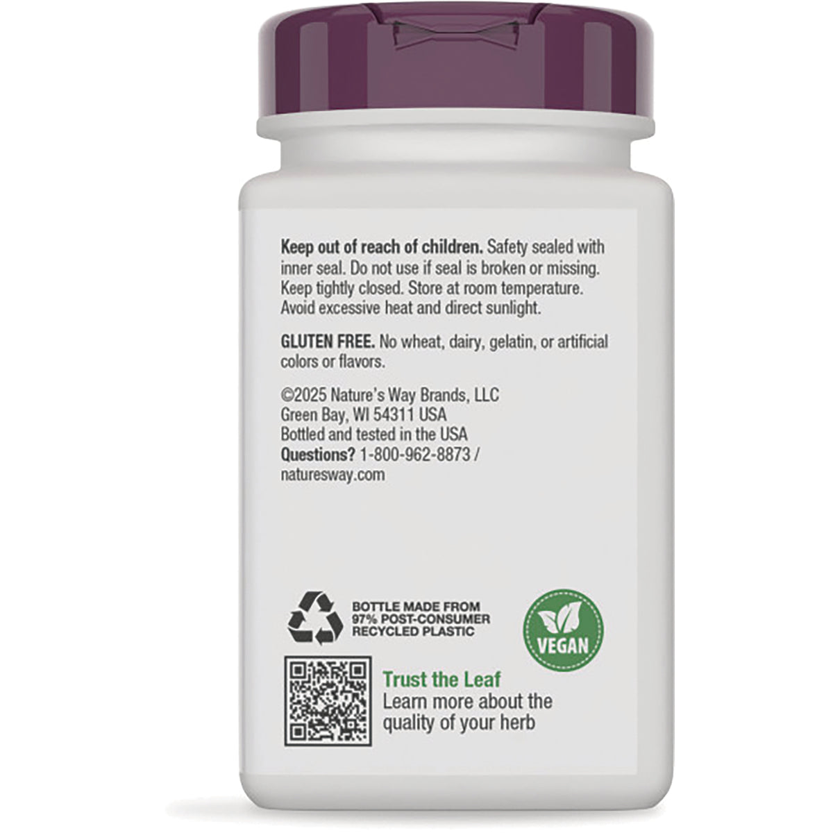 ET264 | back label of white supplement bottle with safety text, GLUTEN FREE line, vegan icon and QR code