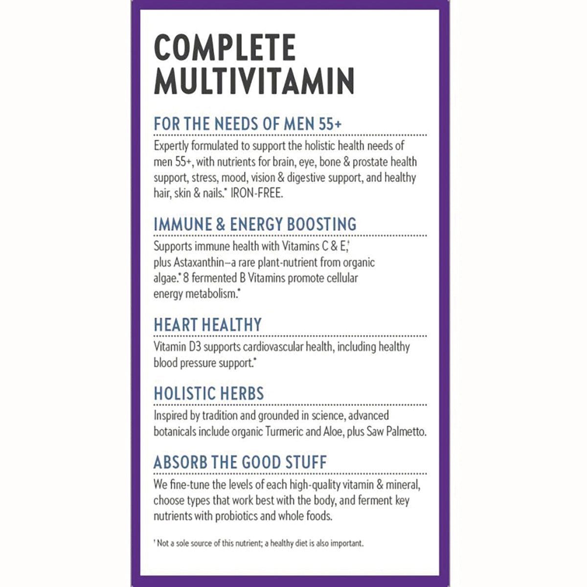 NWC320 | product infographic listing Complete Multivitamin benefits for men 55+, immune and energy support, heart healthy, holistic herbs