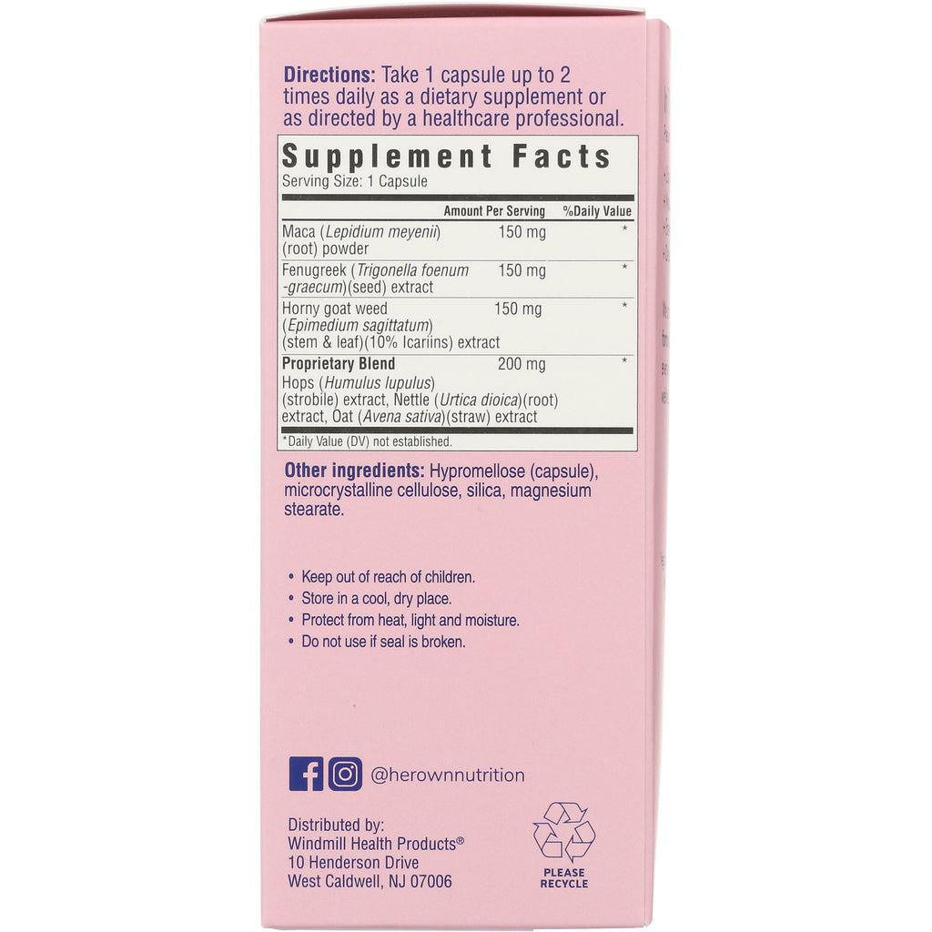 HO002 | Pink supplement box back showing Supplement Facts panel, directions, other ingredients, warnings and social handle @herownnutrition - Thumbnail