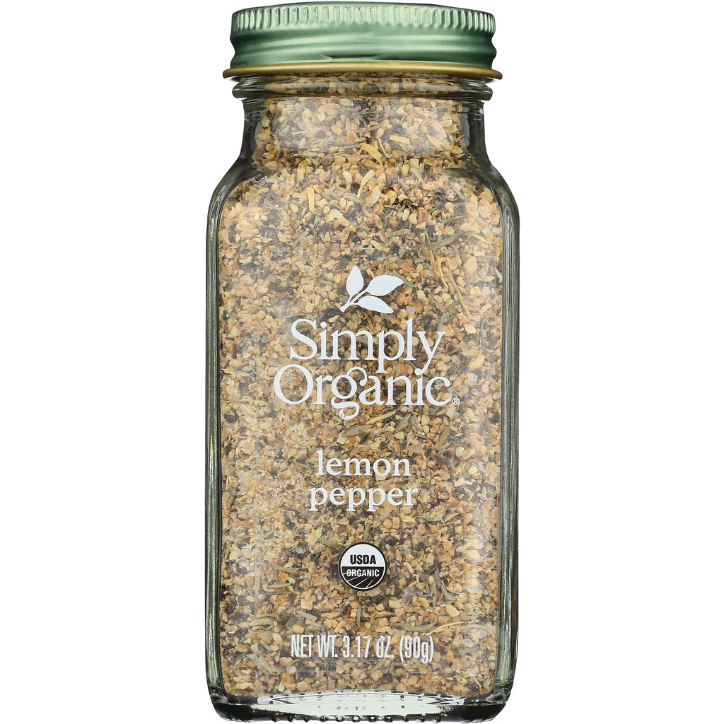 SMP070 | Simply Organic lemon pepper spice in clear glass jar with green lid, front label and USDA Organic seal - Thumbnail