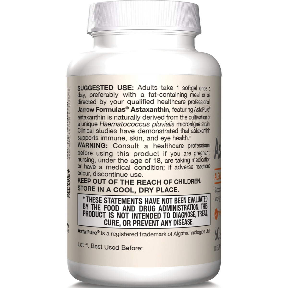 JR314 | Back label of supplement bottle showing suggested use, warnings, and FDA disclaimer box