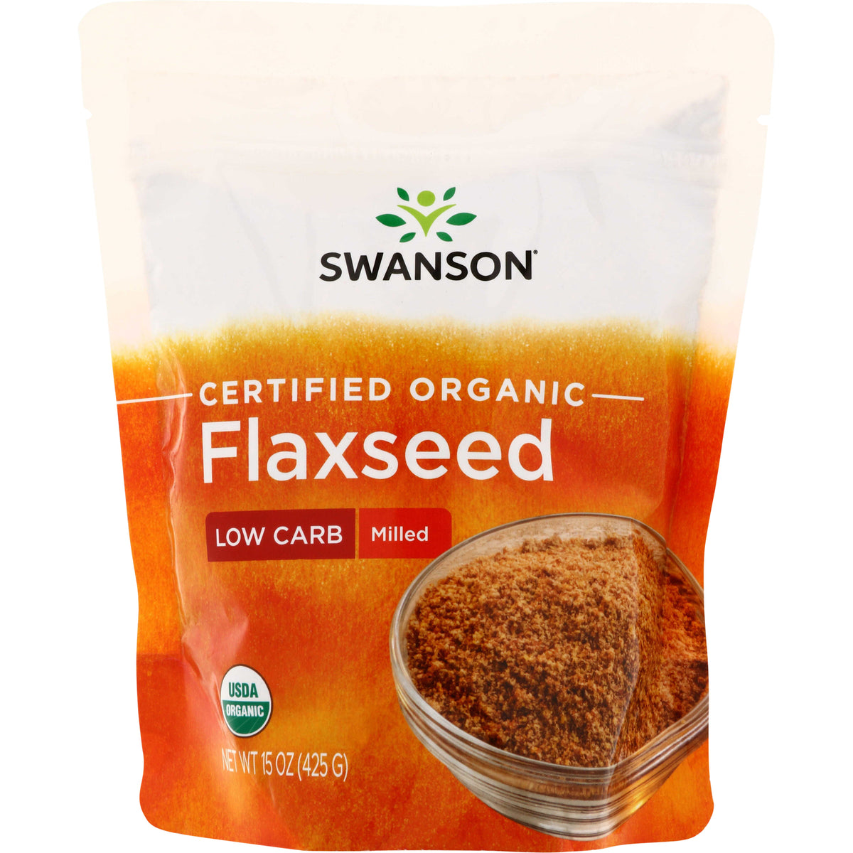 SWF096 | Swanson Certified Organic Flaxseed, milled, low carb, USDA Organic, 15 oz pouch front