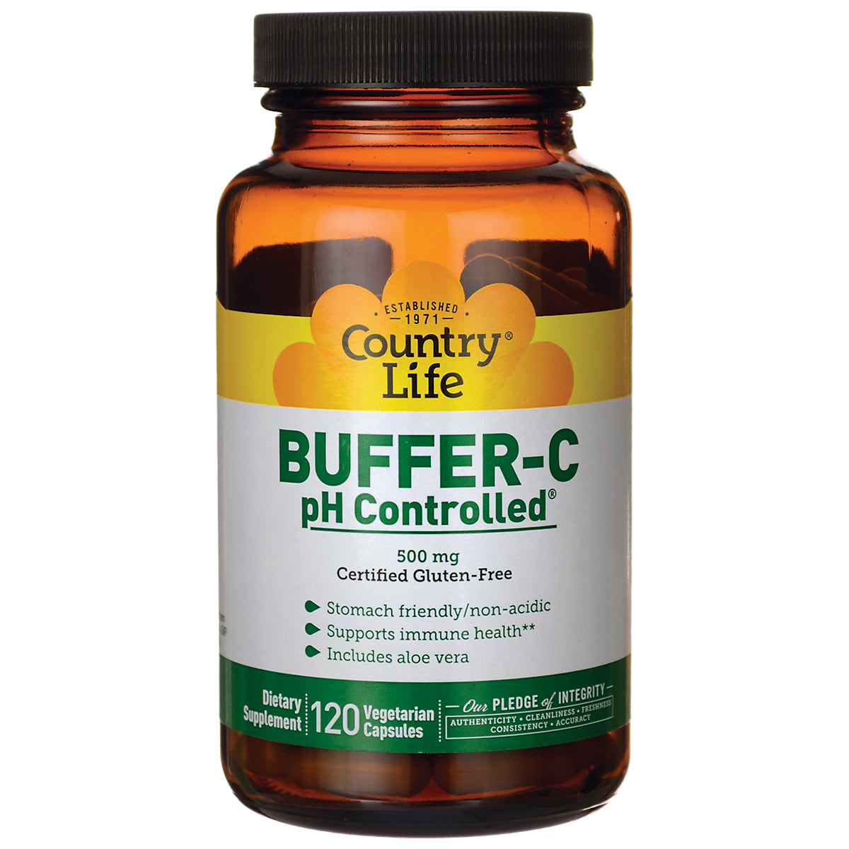 CRL330 | Amber bottle of Country Life BUFFER-C pH Controlled 500 mg, 120 vegetarian capsules