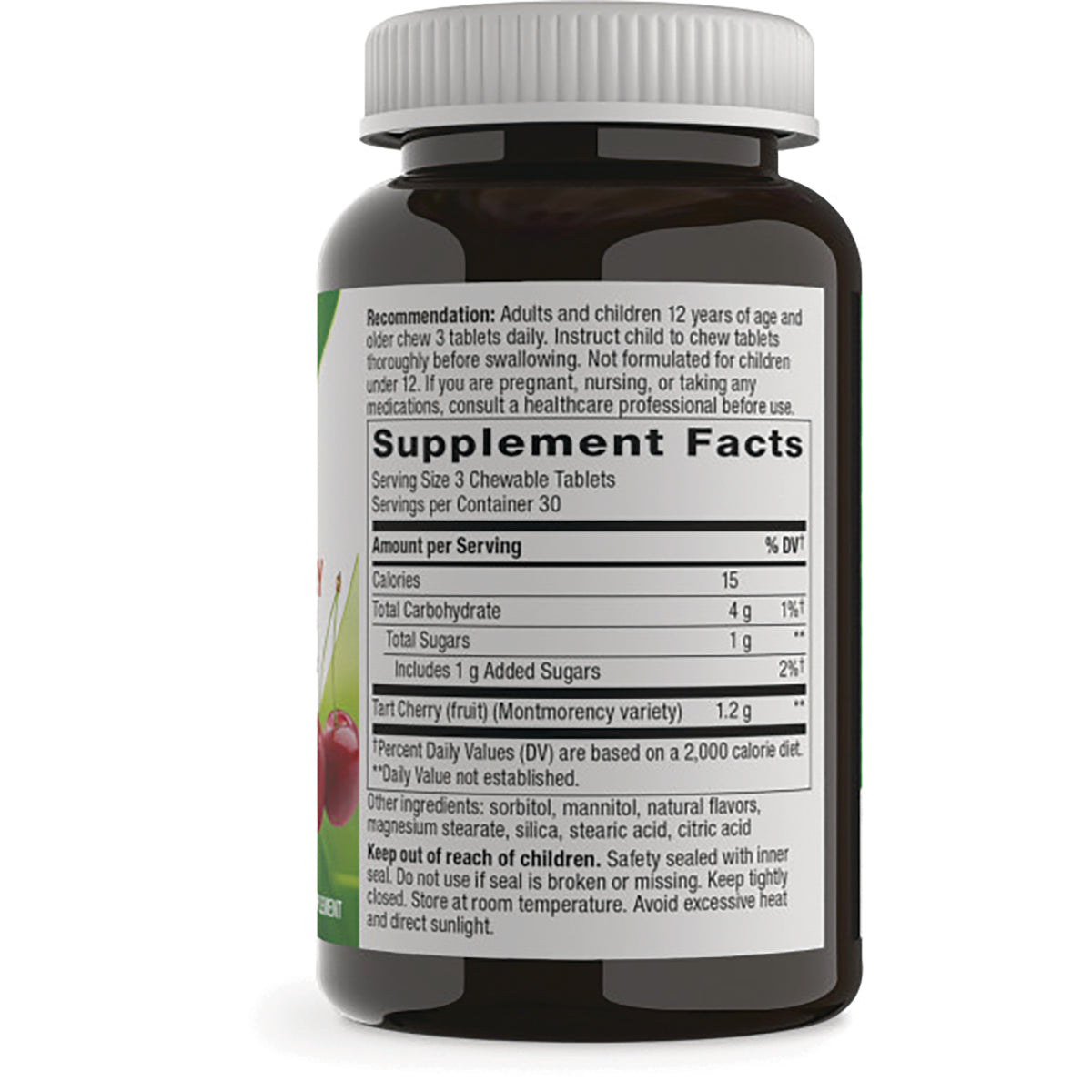 ET443 | Back of dark supplement bottle showing Supplement Facts panel and usage instructions, serving size 3 chewable tablets