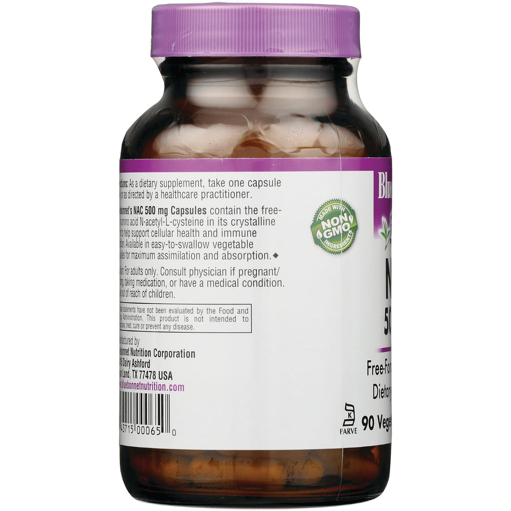 BLU103 | back label of supplement bottle showing usage text, non-GMO seal, barcode, and visible capsules - Thumbnail