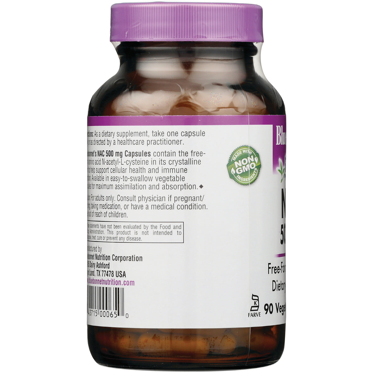 BLU103 | back label of supplement bottle showing usage text, non-GMO seal, barcode, and visible capsules