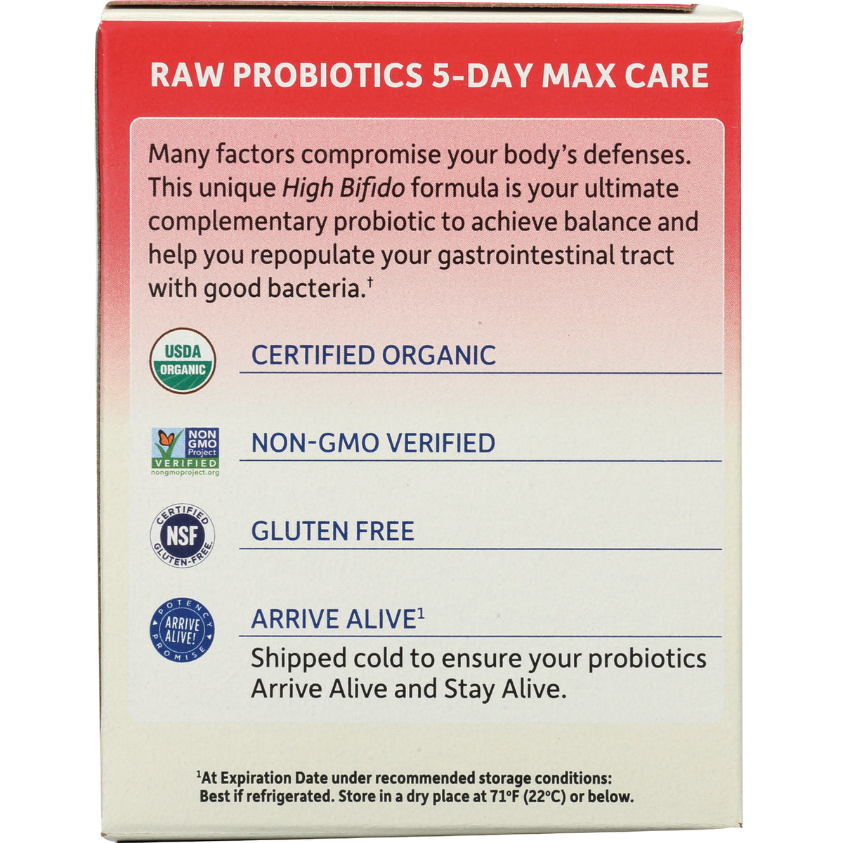 GLF155 | back of probiotic box showing RAW PROBIOTICS 5-DAY MAX CARE and labels Certified Organic, Non-GMO Verified, Gluten Free, Arrive Alive