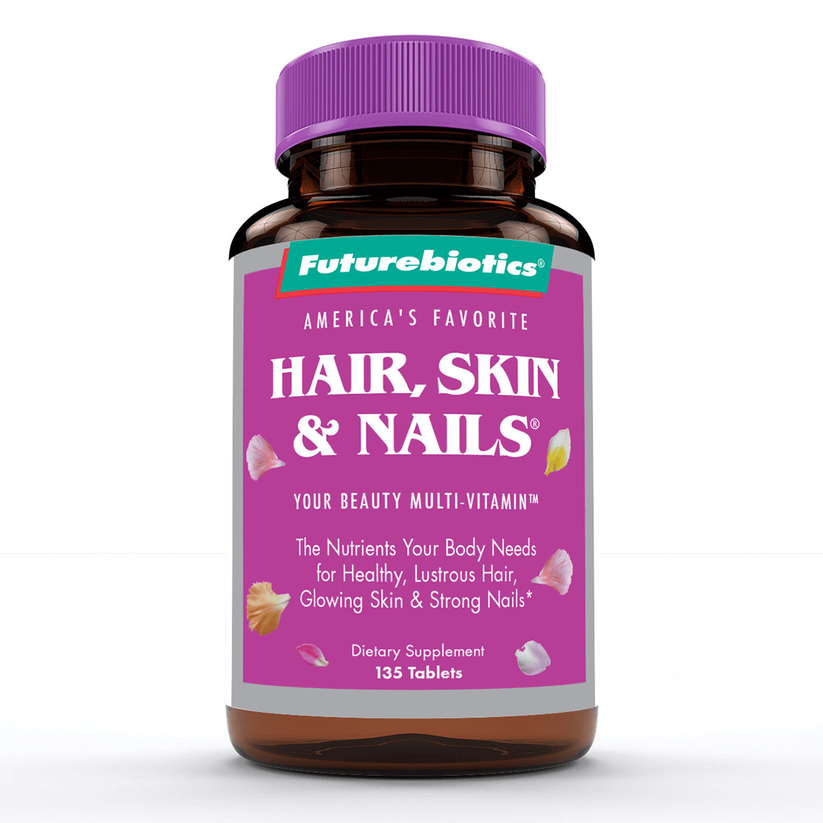 FB008 | Futurebiotics Hair, Skin & Nails dietary supplement bottle with pink label reading 135 Tablets