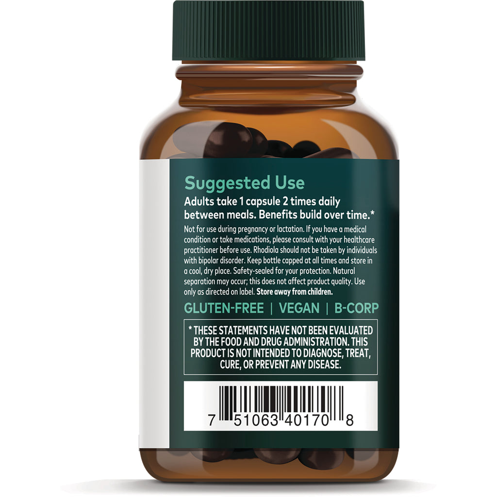 GH019 | Back of amber supplement bottle showing suggested use text, warnings, gluten-free vegan badges, and barcode - Thumbnail
