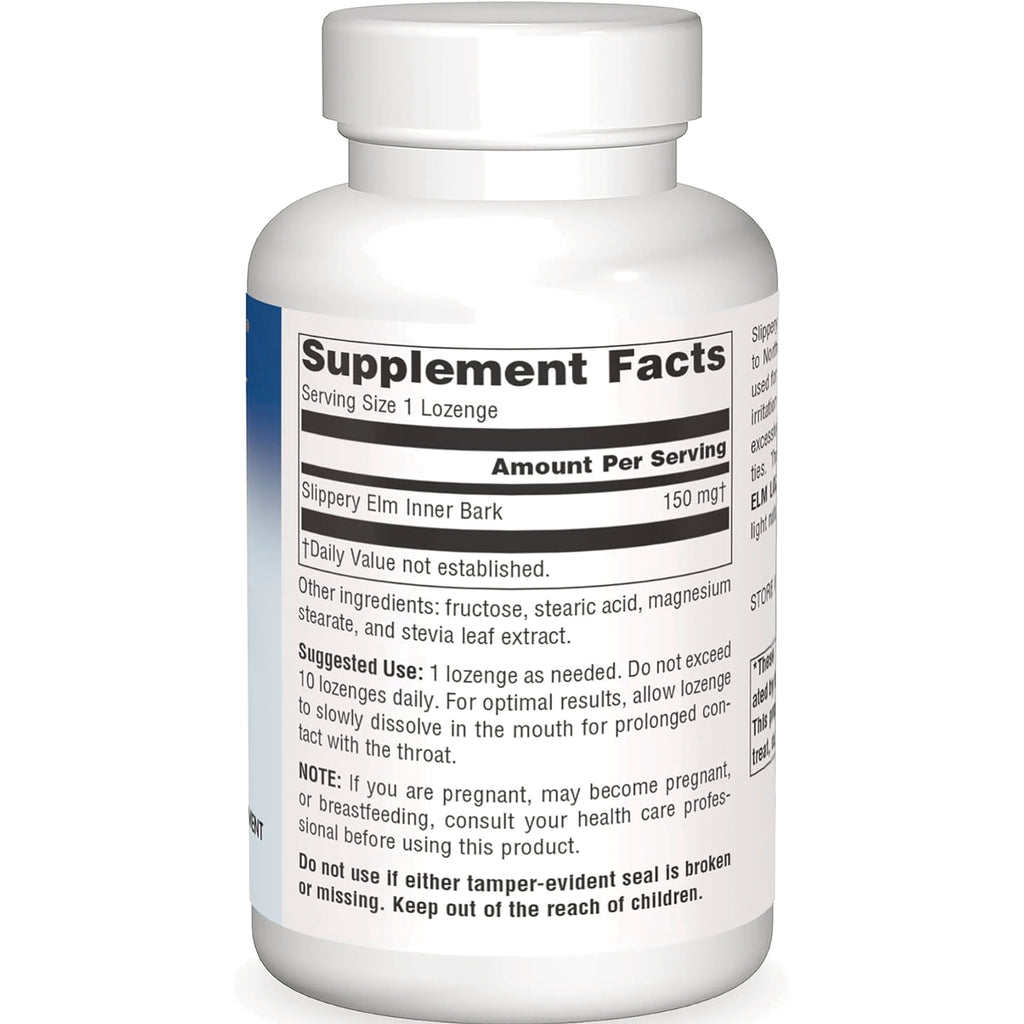 PF130 | Back label showing Supplement Facts, ingredients, and suggested use for slippery elm lozenges - Thumbnail