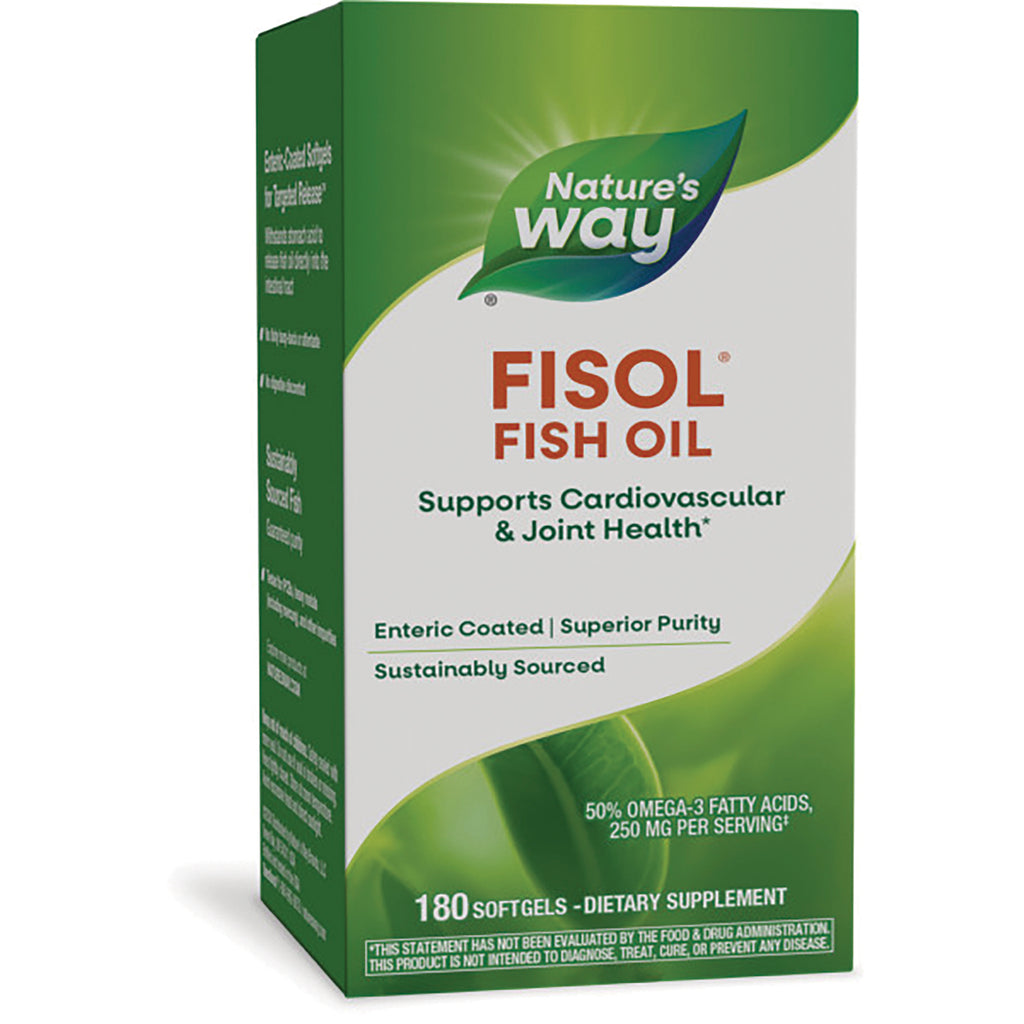 NW597 | Nature's Way FISOL Fish Oil box front showing brand logo, Supports Cardiovascular & Joint Health and 180 softgels - Thumbnail