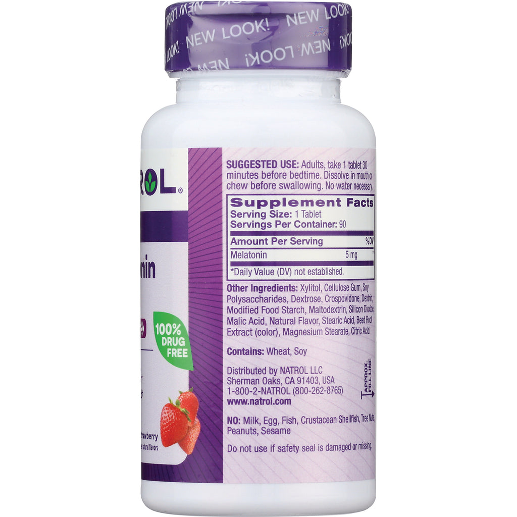 NA438 | Back label of white bottle showing Supplement Facts with Melatonin 5 mg, other ingredients and distributor info - Thumbnail