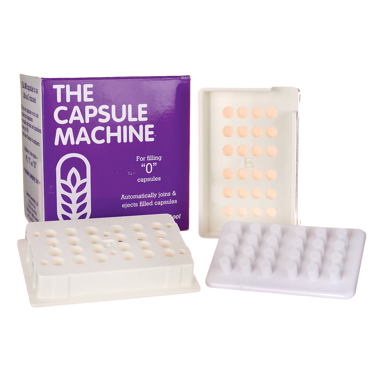 CPC001 | The Capsule Machine purple box with three white capsule filling trays for size 0 capsules