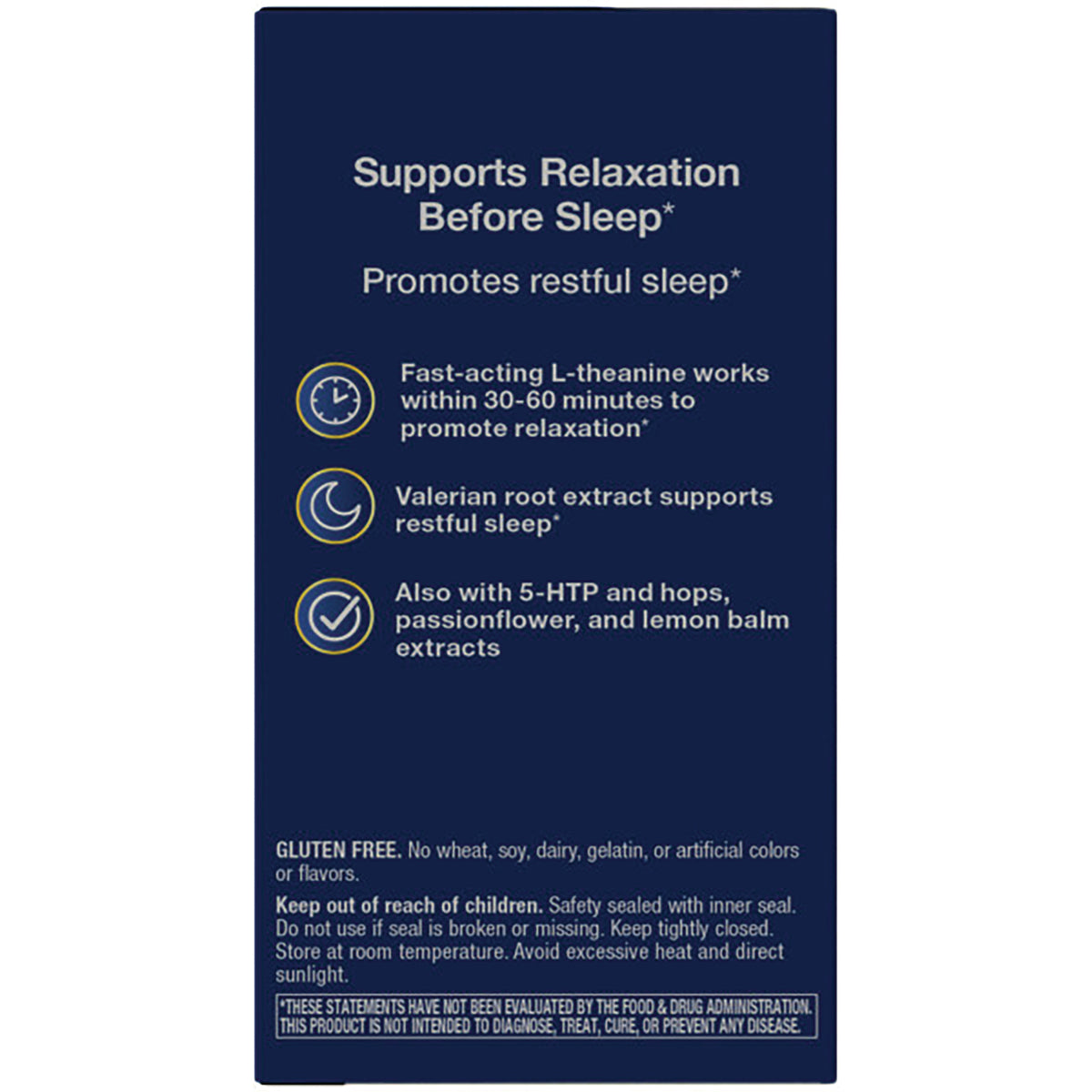 ET382 | Back panel: supports relaxation before sleep; lists L-theanine, valerian root, 5-HTP and other extracts, gluten free and safety warnings