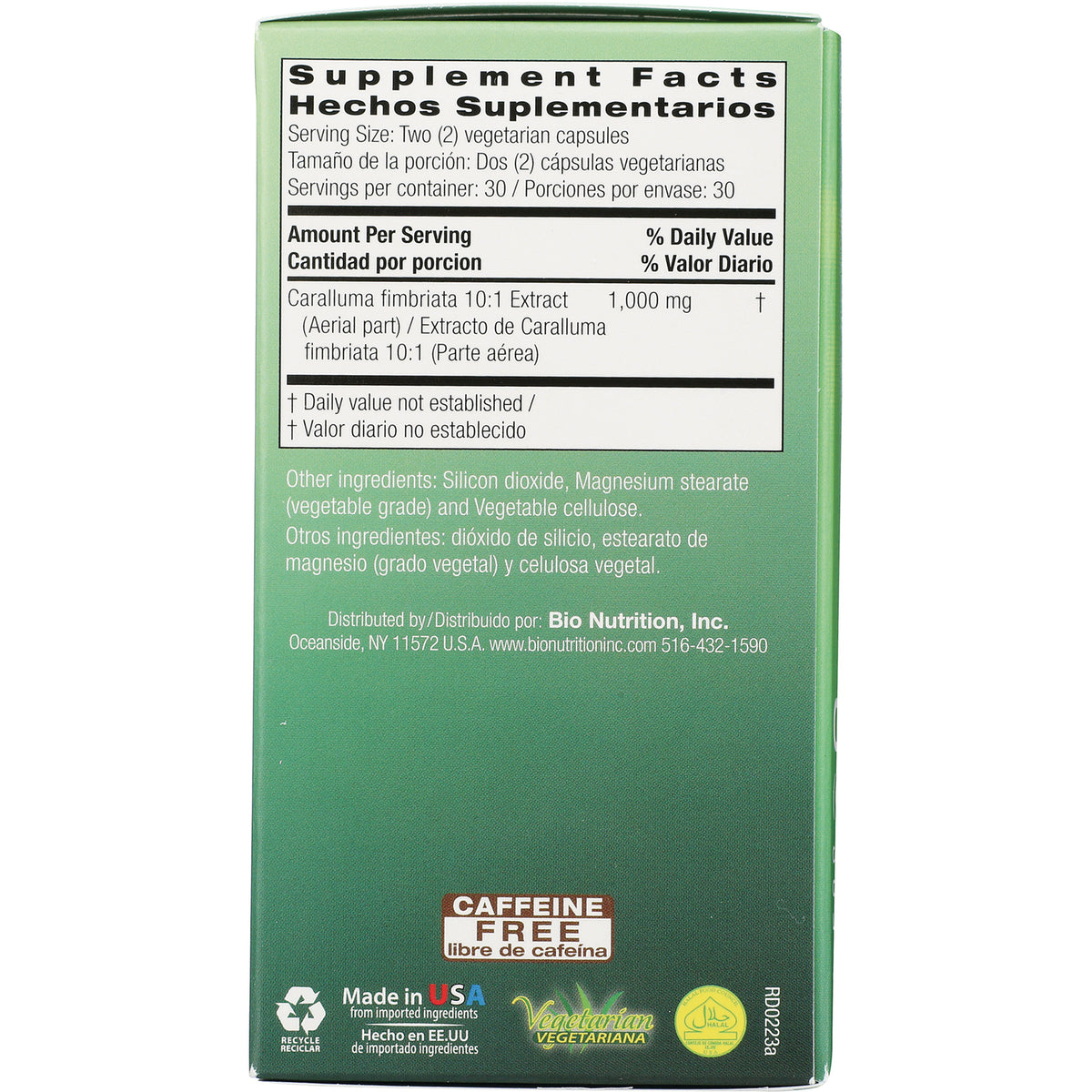 BNN025 | back panel with Supplement Facts, ingredient list, distributor info, and Caffeine Free label