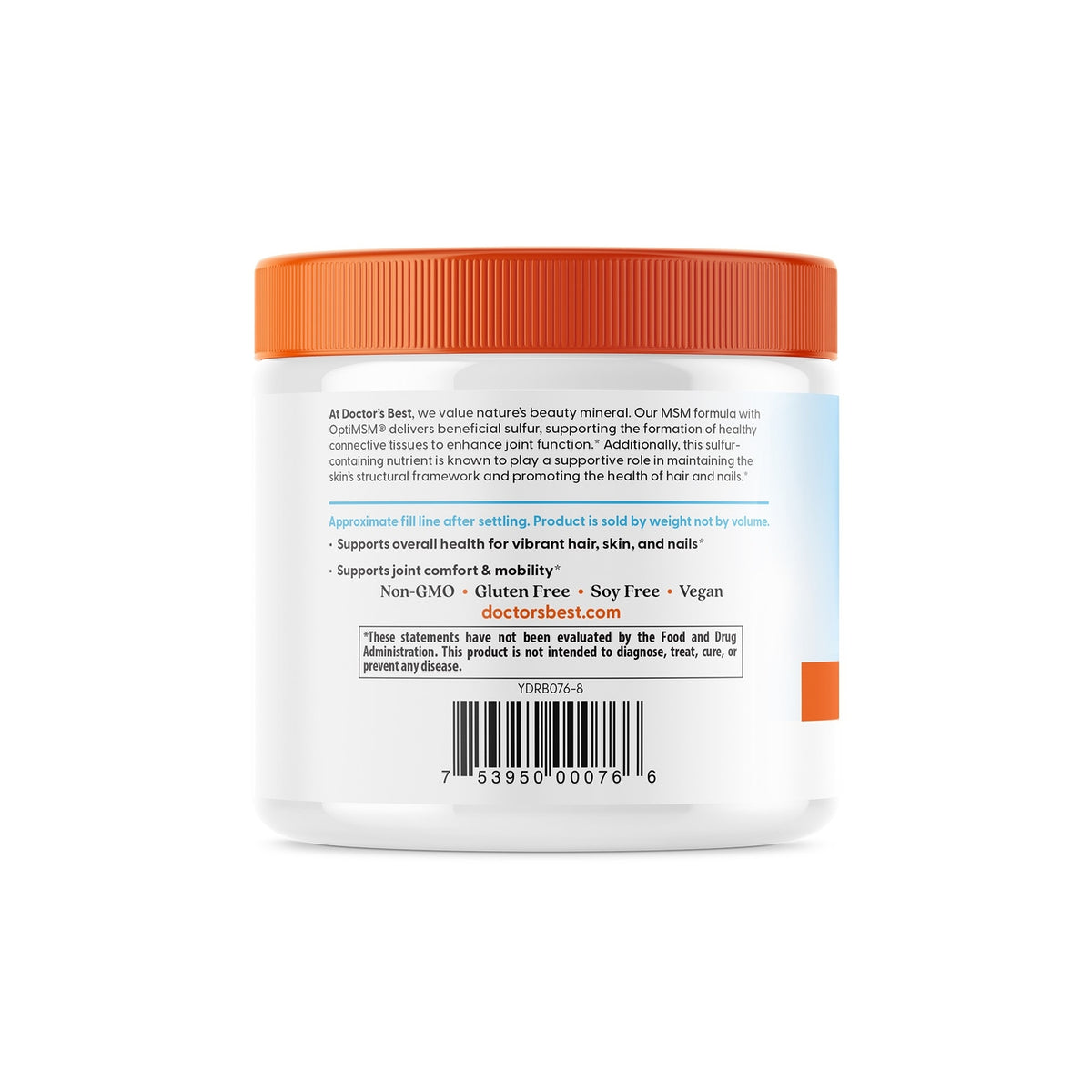 DB140 | Back label showing MSM supplement benefits, disclaimer and barcode