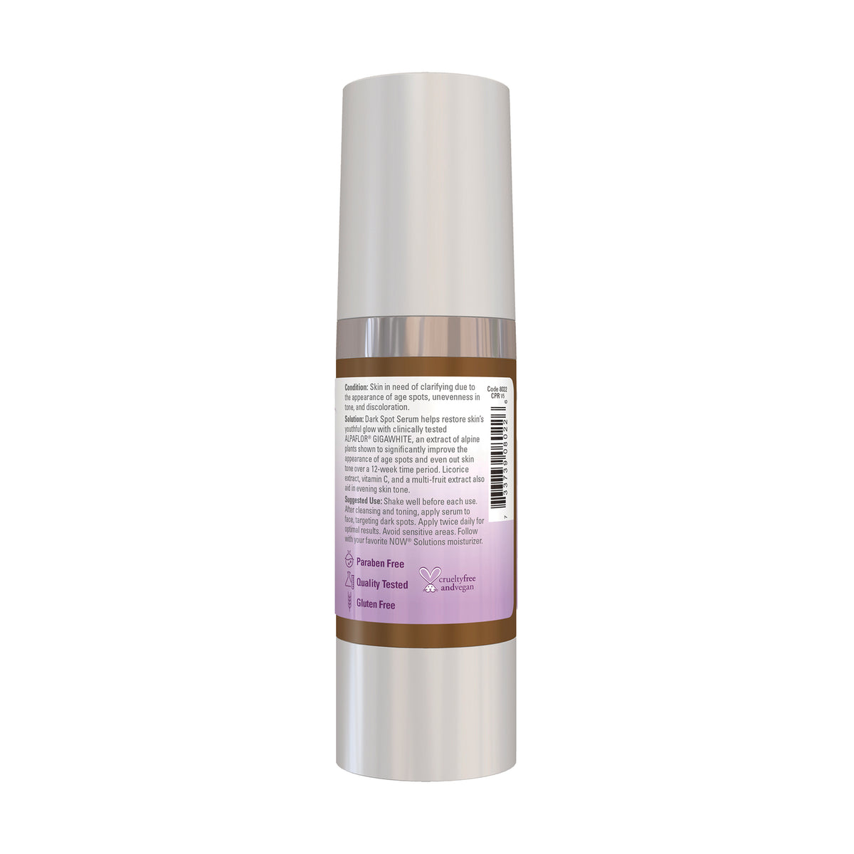 NWF1191 | back of silver serum pump bottle showing product label, barcode, directions and certification icons