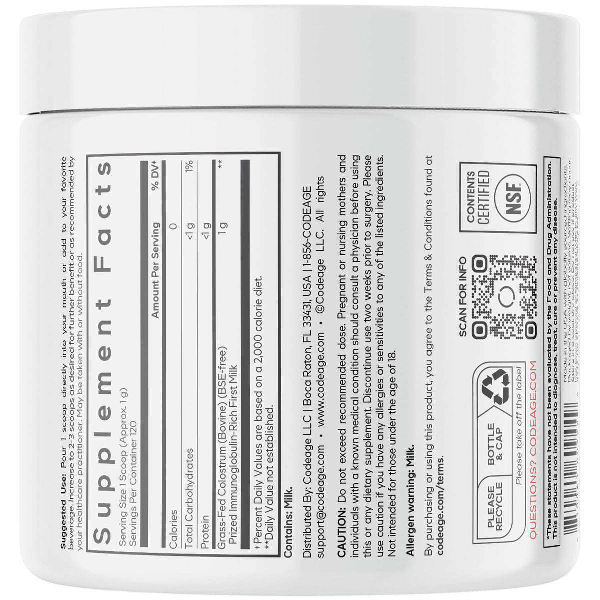 CDG038 | Back label of white supplement jar showing Supplement Facts panel, cautions, and QR code